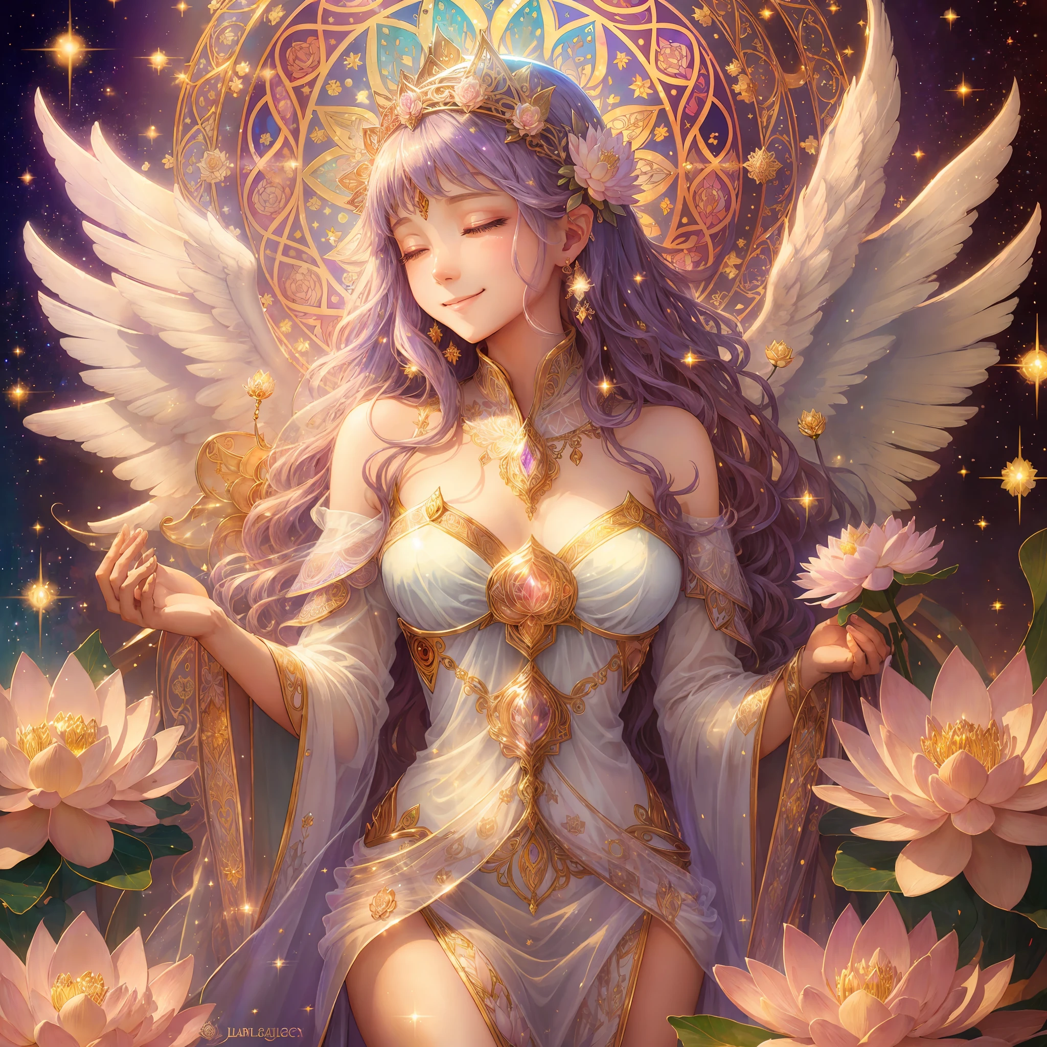 with angel, glitter, bright smile, light, goddess, heaven, human beauty, Mucha, happiness, high image quality, shine, flower, crystal, lassen, medieval, halo, long dress, prayer, lotus flower --auto --s2