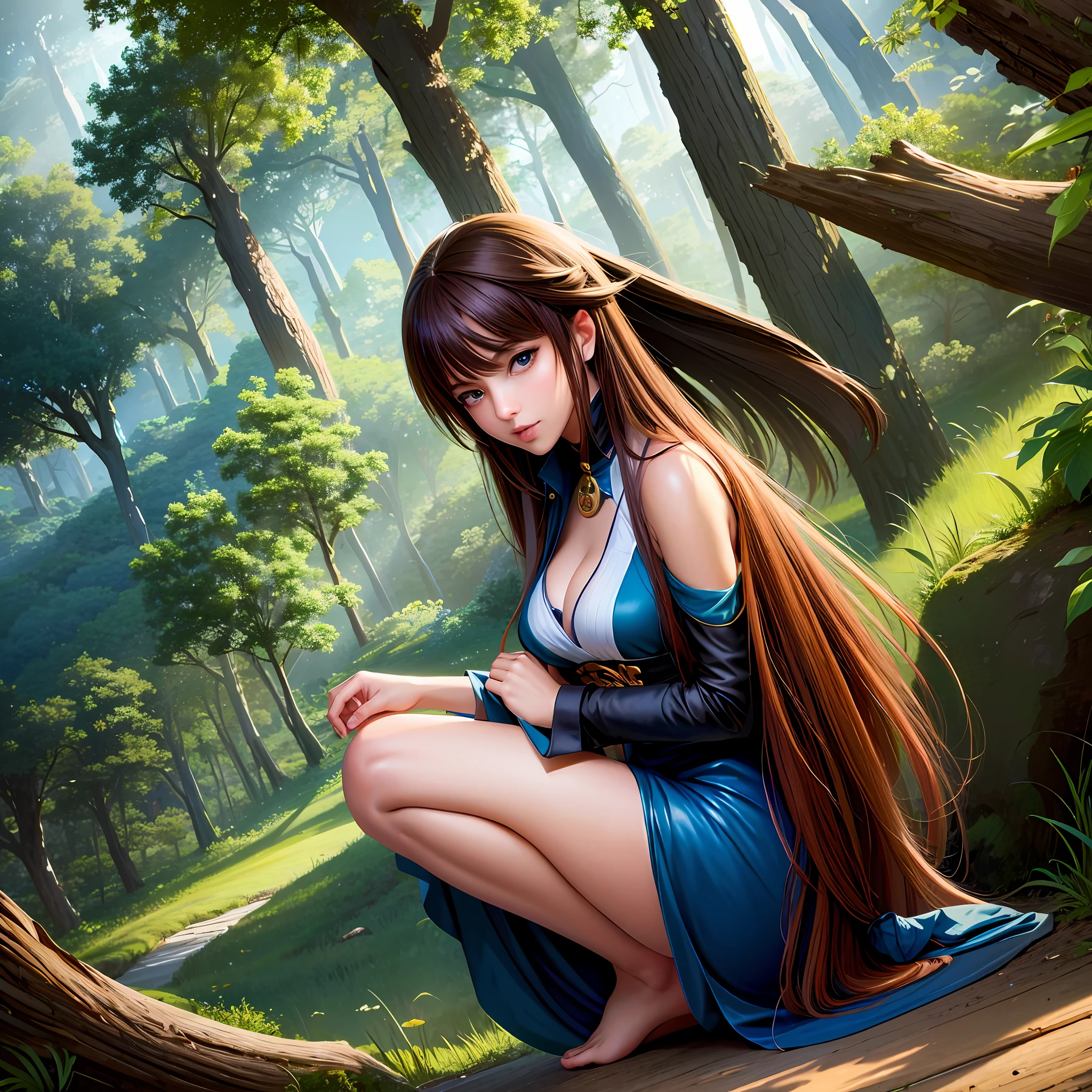 Arafard woman sitting on the ground of forest, highly detailed giantess shot, wide angle fantasy art, legs take your POV, perspective photography, sitting Forrest Gump, Shinkai Makoto Cyril Rolando, anime lush John 8k woods, realistic wide angle photo, realistic anime, bottom angle, wide angle dynamic portrait, beautiful anime girl squatting with a group of villains lying just below the soles of her feet