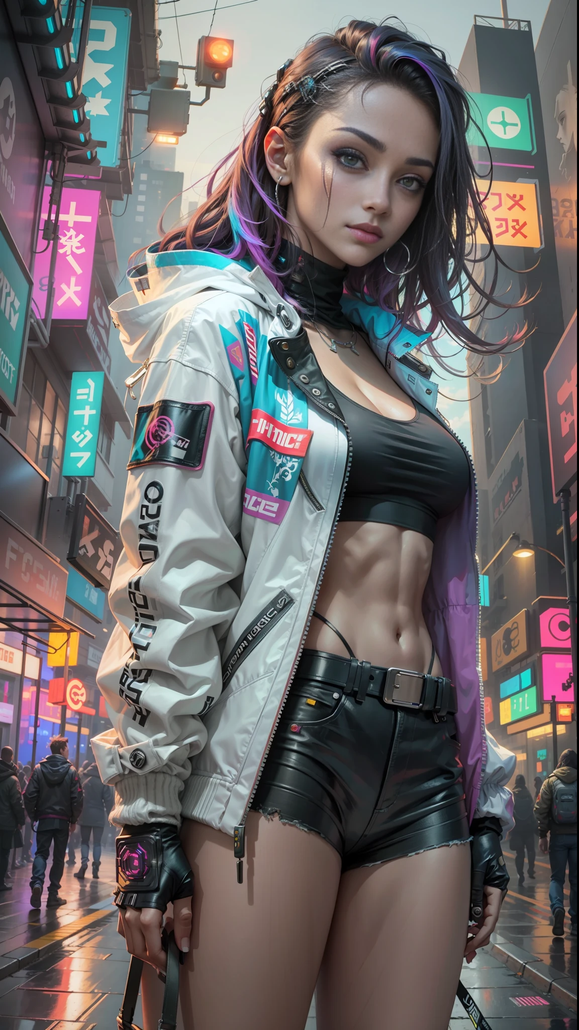 Beautiful cyberpunk girl looking at camera, multicolor tech jacket,  detailed muscles, realistic masterpiece, standing in street