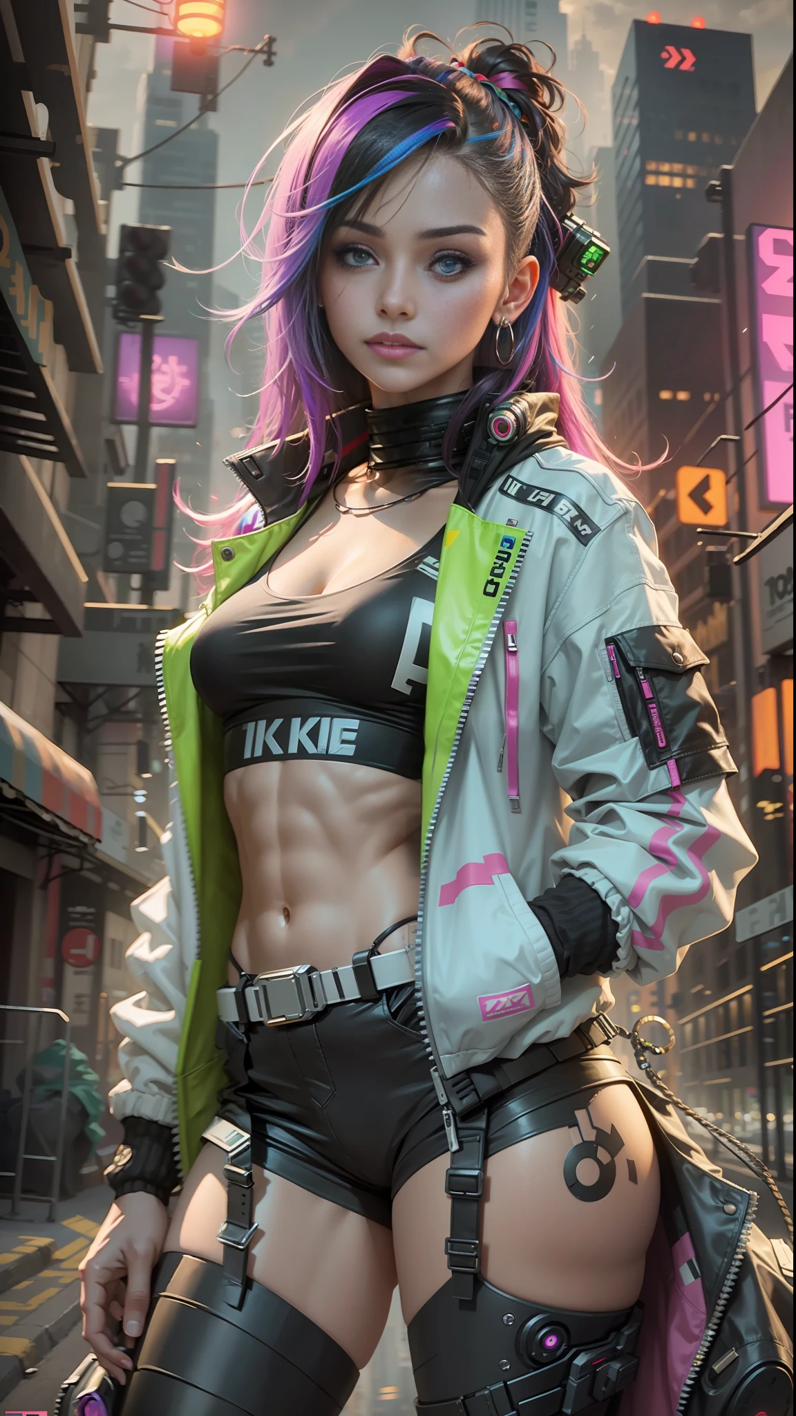 Beautiful cyberpunk girl looking at camera, multicolor tech jacket,  detailed muscles, realistic masterpiece, standing in street