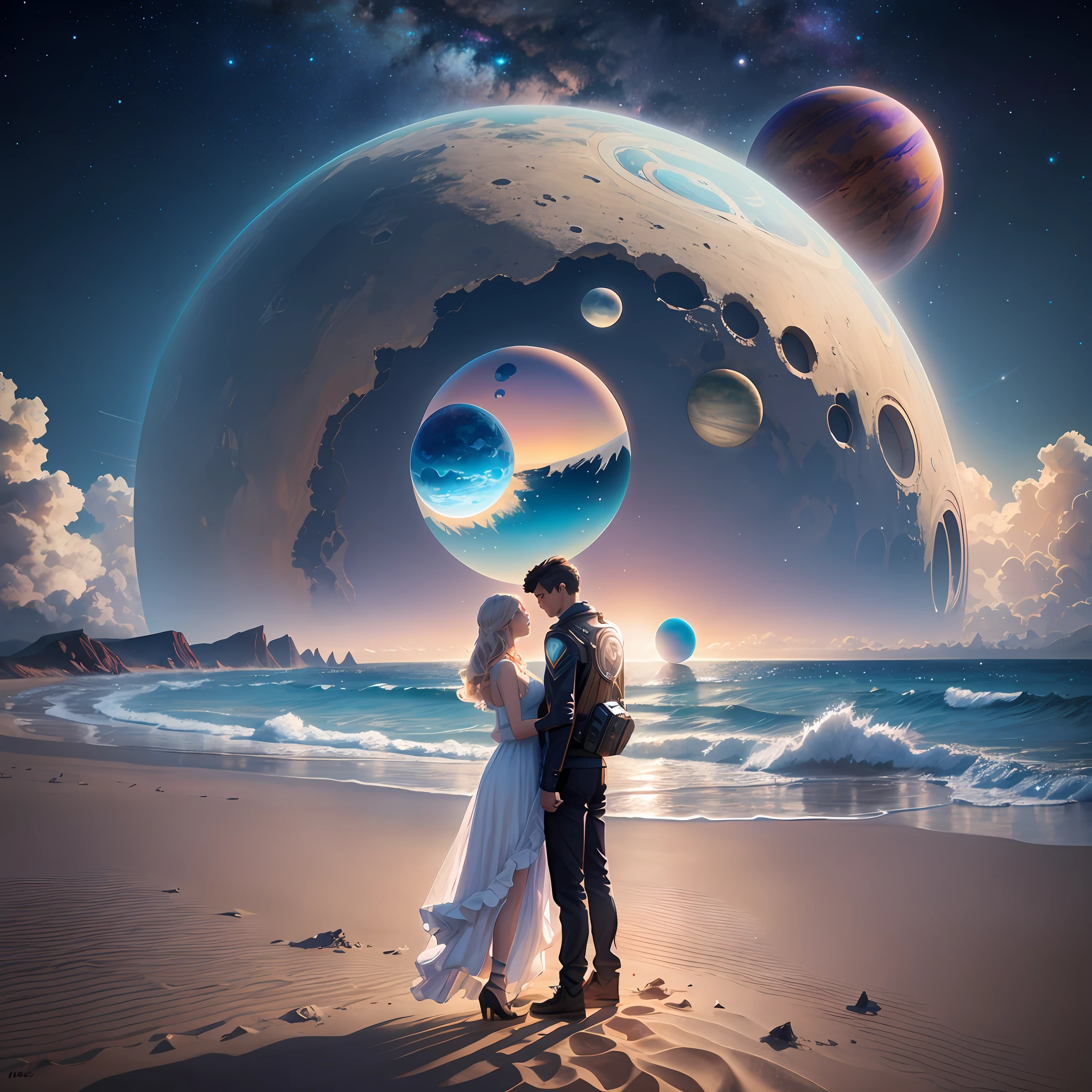 there is a man and woman standing on the beach with a planet in the background, high quality fantasy stock photo, fantasy planet, fantasy space, digital art fantasy, fantasy digital art, surreal space, wide angle fantasy art, dreamlike digital painting, surreal composition, on another planet, beautiful digital artwork, 4k highly detailed digital art, surrealism 8k