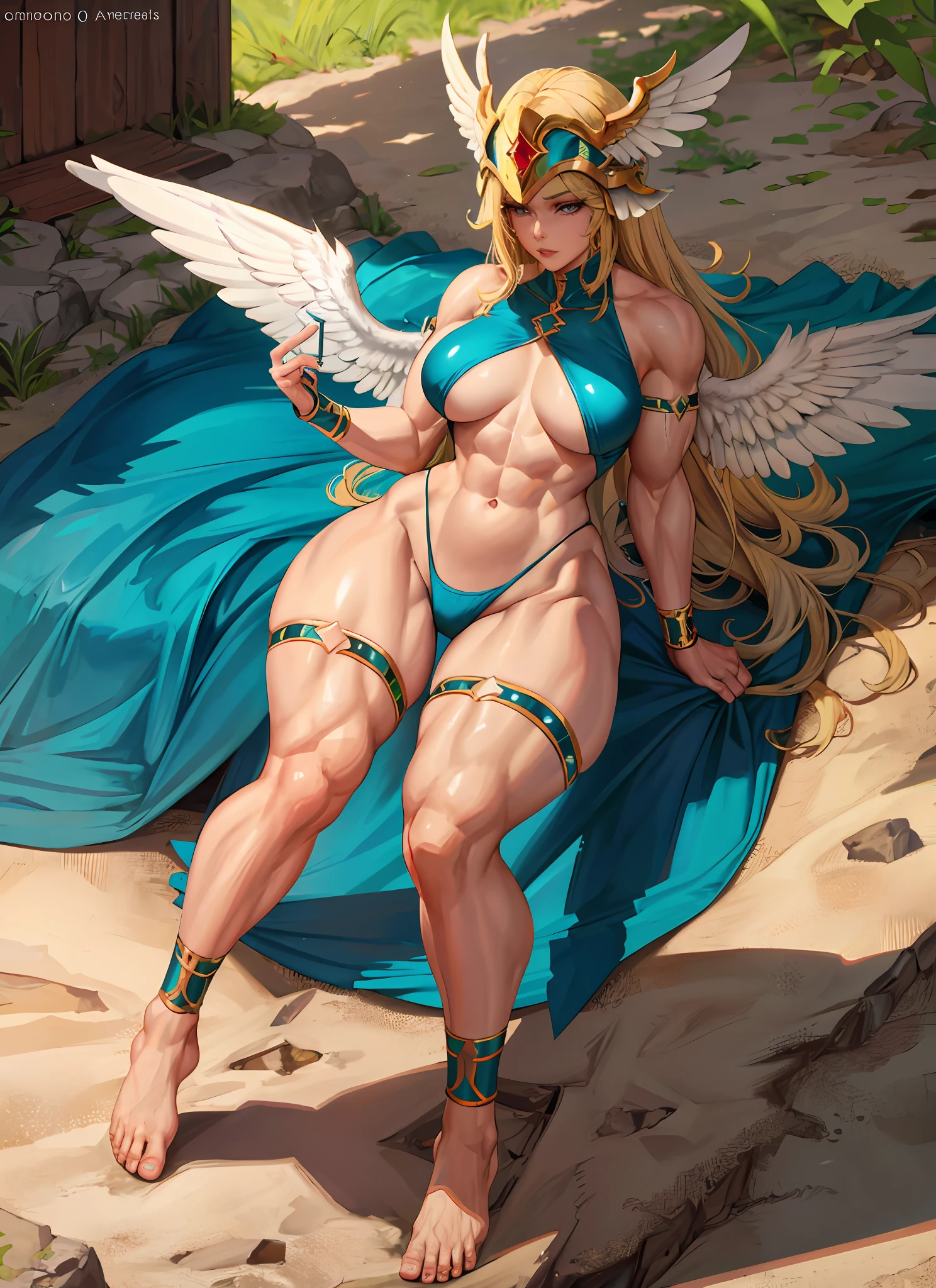 1Girl, beautiful, perfect lighting, muscular, thighs, mature female, milf, navel, abdominals, looking at the viewer (masterpiece, high quality: 1.1) Killer RPG, pale skin, winged helmet, blonde hair, leg muscles, long hair, thong.