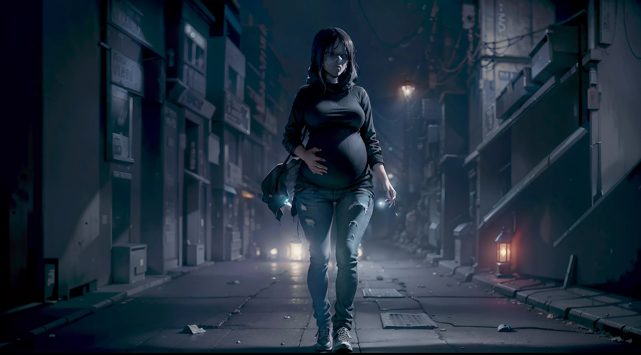 dark scene, dark night, long shot, a pregnant woman walking alone in a dark street of a city, wearing jeans and black sweatshirt, lights out, creepy ambience, horror scene, scary, suffering, poor