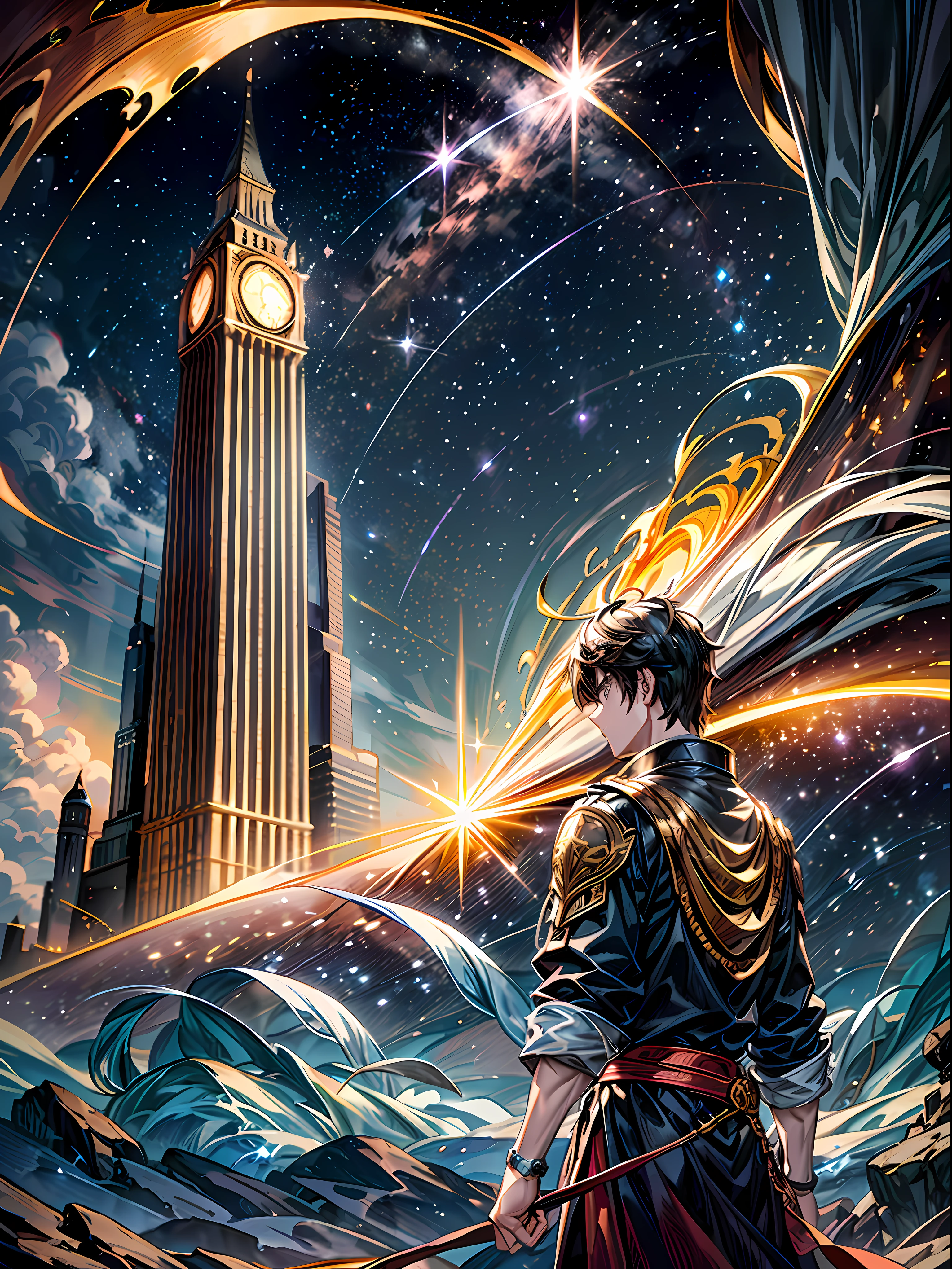 Create a stunning image for the cover of volume 1 of the e-book, depicting a nighttime setting filled with mystery and power. The starry sky serves as a backdrop, with twinkling stars gently illuminating the environment. In the center of the image, a bright, towering meteor is falling, surrounded by a golden halo and engulfed in vibrant orange and gold flames. In the foreground, the protagonist, Lewis, stares at the meteor with determination, holding a glowing object in his hands. His facial expression reveals surprise and determination. Beside Lewis, Abneru, his best friend, watches the meteor with caution and fascination. On the horizon stands a feudal city with tall towers and ancient architecture, shrouded in mysterious shadows. The dark alleys between the buildings hint at enigmatic figures. The image evokes an atmosphere of adventure, mystery and power, inviting viewers to explore the fascinating and dangerous world of history.