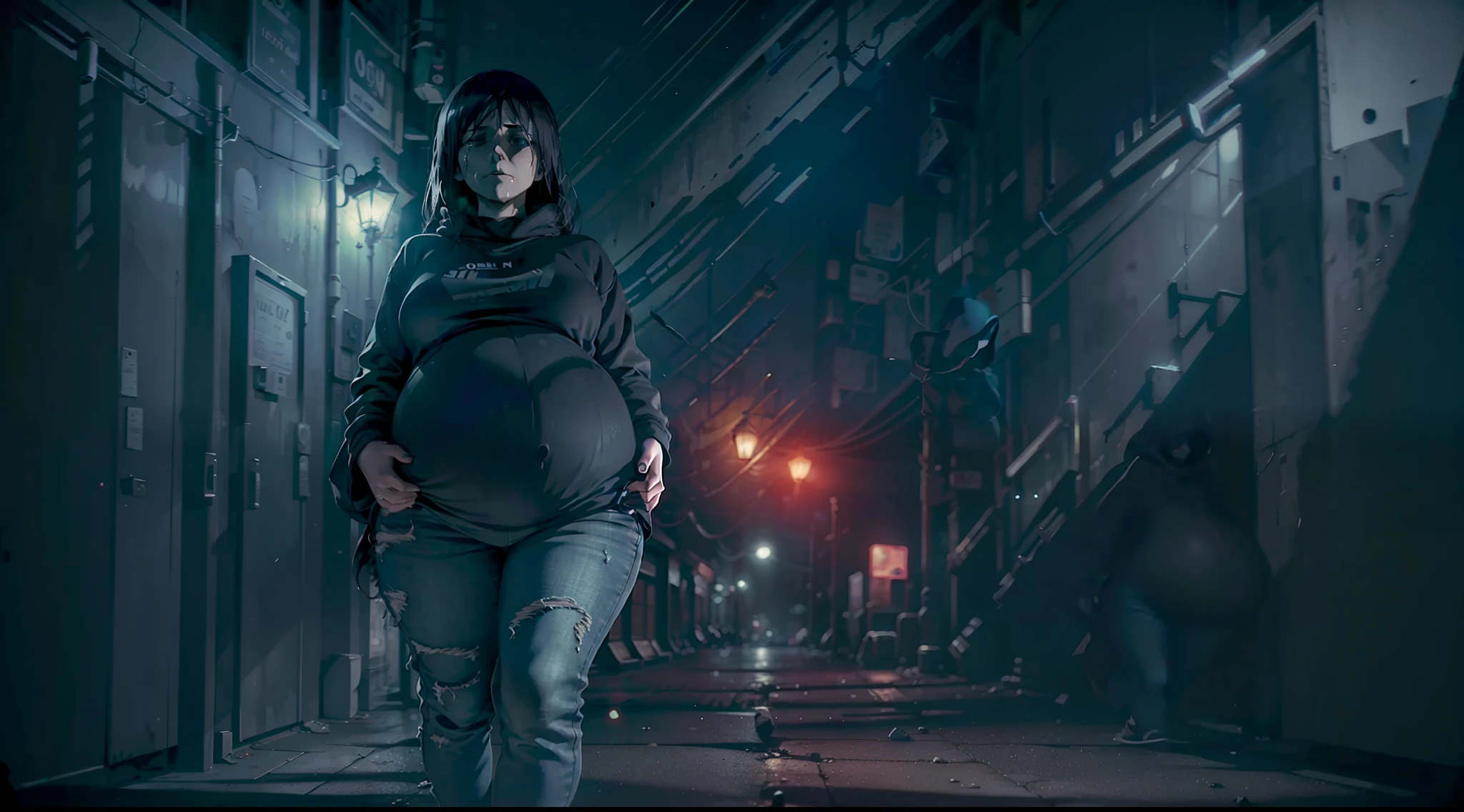 dark scene, dark night, long shot, a pregnant woman walking alone in a dark street of a city, wearing jeans and black sweatshirt, lights out, creepy ambience, horror scene, scary, suffering, poor