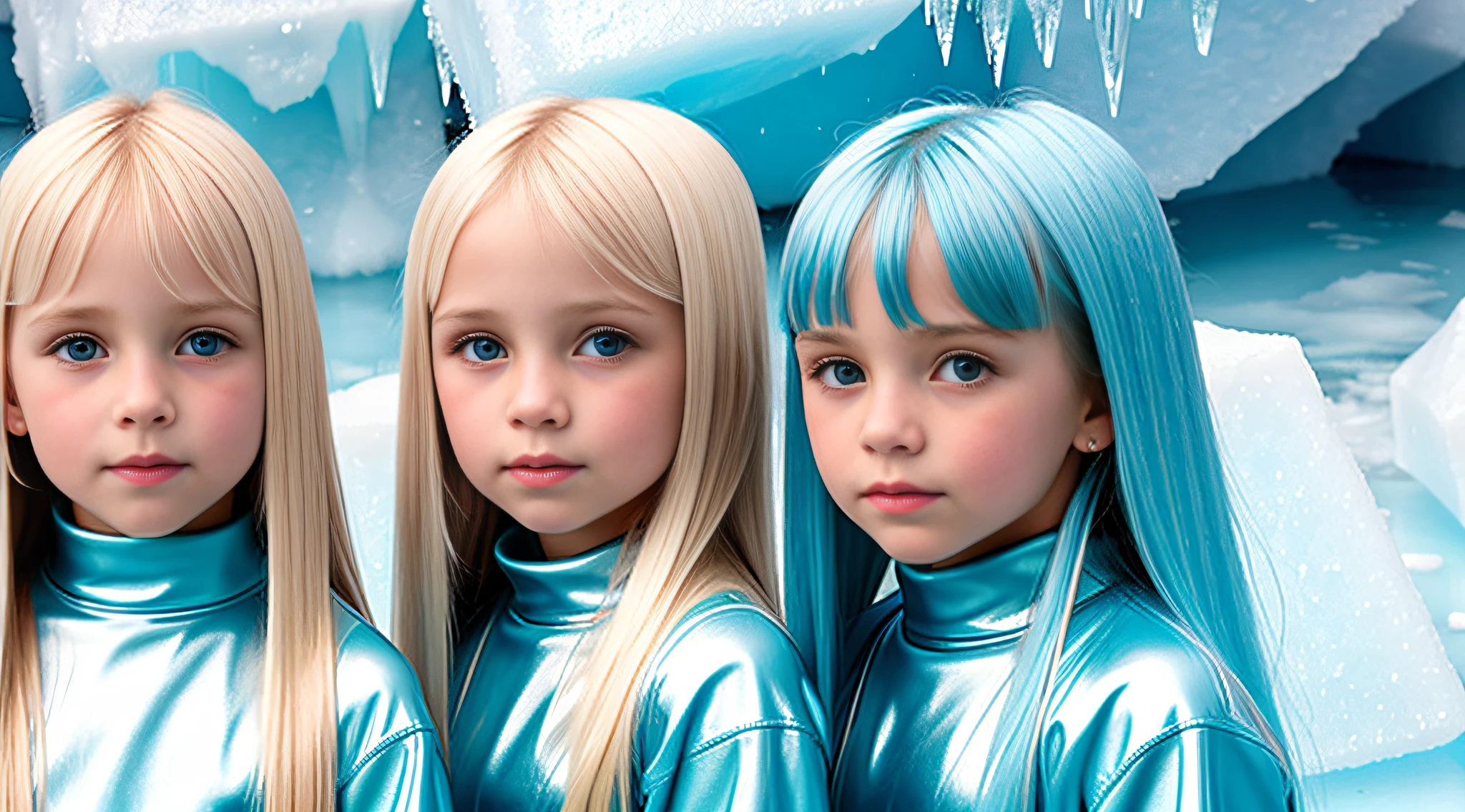 girls blonde children WITH STRAIGHT HAIR, BACKGROUND blue peroil, ice very ice.