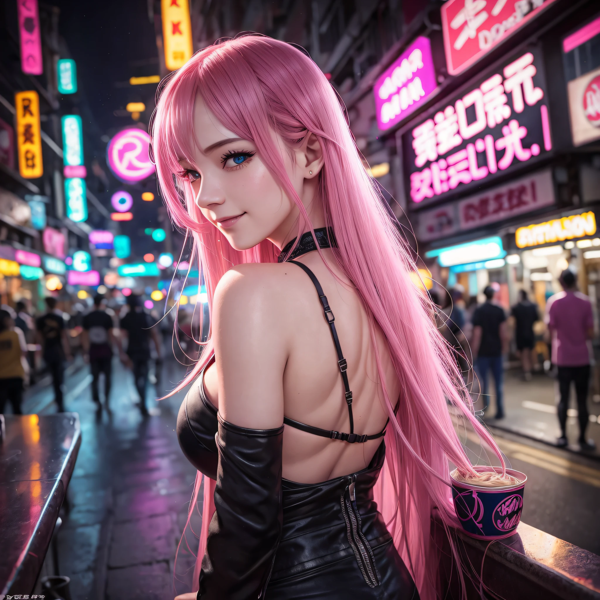 cheerful face, original pink long hair, long eyelashes, beautiful eyes with brightness, surrealism, shadow, stereogram, (photorealistic, realistic: 1.2), POV, atmospheric perspective, cinematic lighting, ray tracing, 8k, super detail, best quality, masterpiece, well detailed, (Canan EOS R6, 135mm, 1/1250 sec., f/2.8, ISO 400:0.9), cyberpunk, neon, neon signs, ramen shops, night, cleavage, back, string, tank top,  bubble ass, round little ass