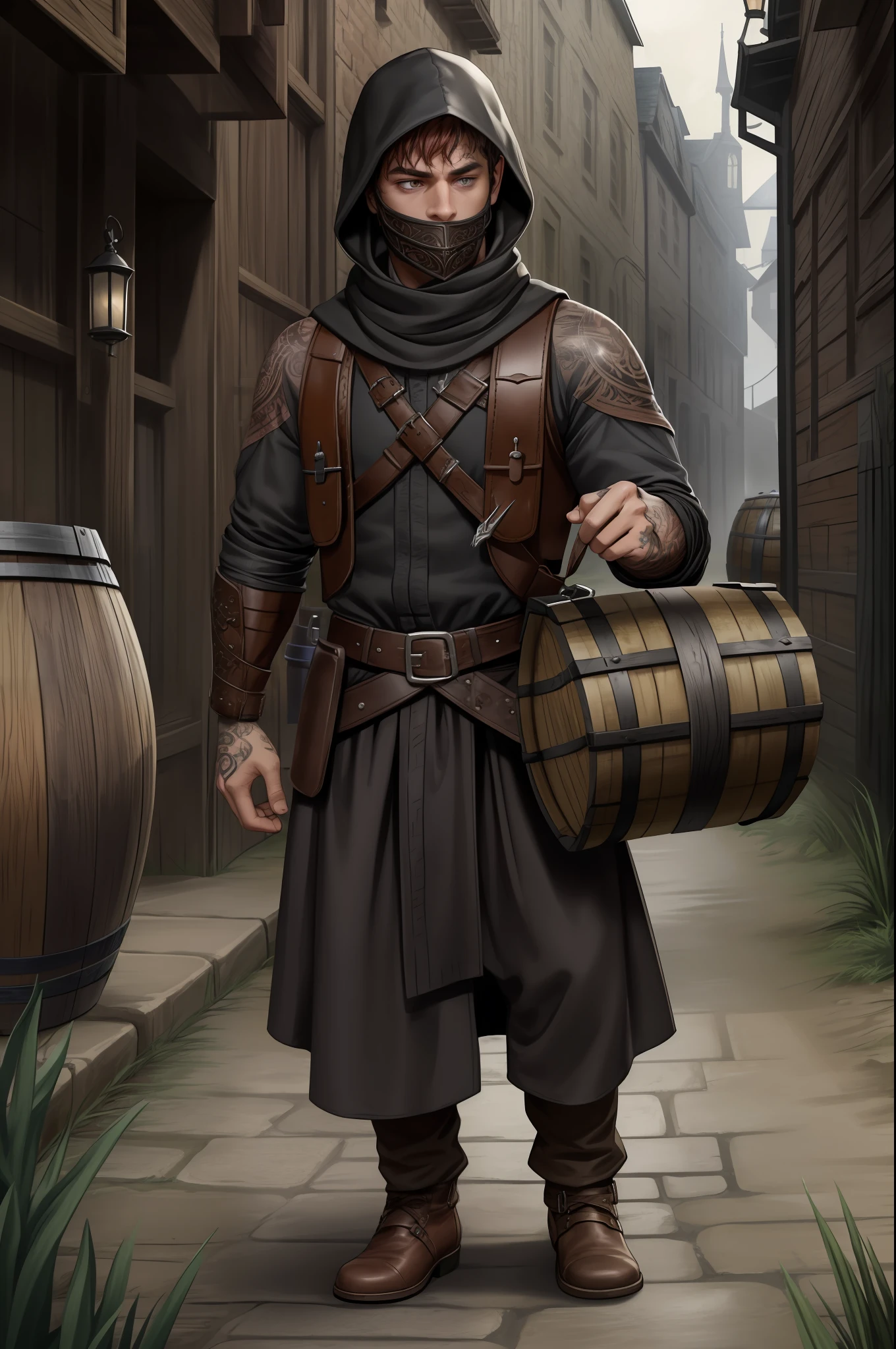 (Absurd, Intricate Details, Masterpiece, Best Quality, High Resolution, 8k), 1 man, masculine, young, short stature, halfling, hobbit, aged, terrible, finely detailed eyes and face, dark red short mustache hair, hazel eyes, looking down, solo, (full body:0,6), detailed background, detailed face, ( dark fantasy theme:1,1), face covered with scarf, thug, (tattoos:0,9), (crouched position:0.75), sturdy dark leather (armor: 0.7), strap, Dietrich, hood, small leather bag, knife, high fantasy medieval setting, dark alley background, stealth, undercover, secret, stolen goods, (barrels in the background: 0.8), fog, dark atmosphere, , depth of field, VFX.