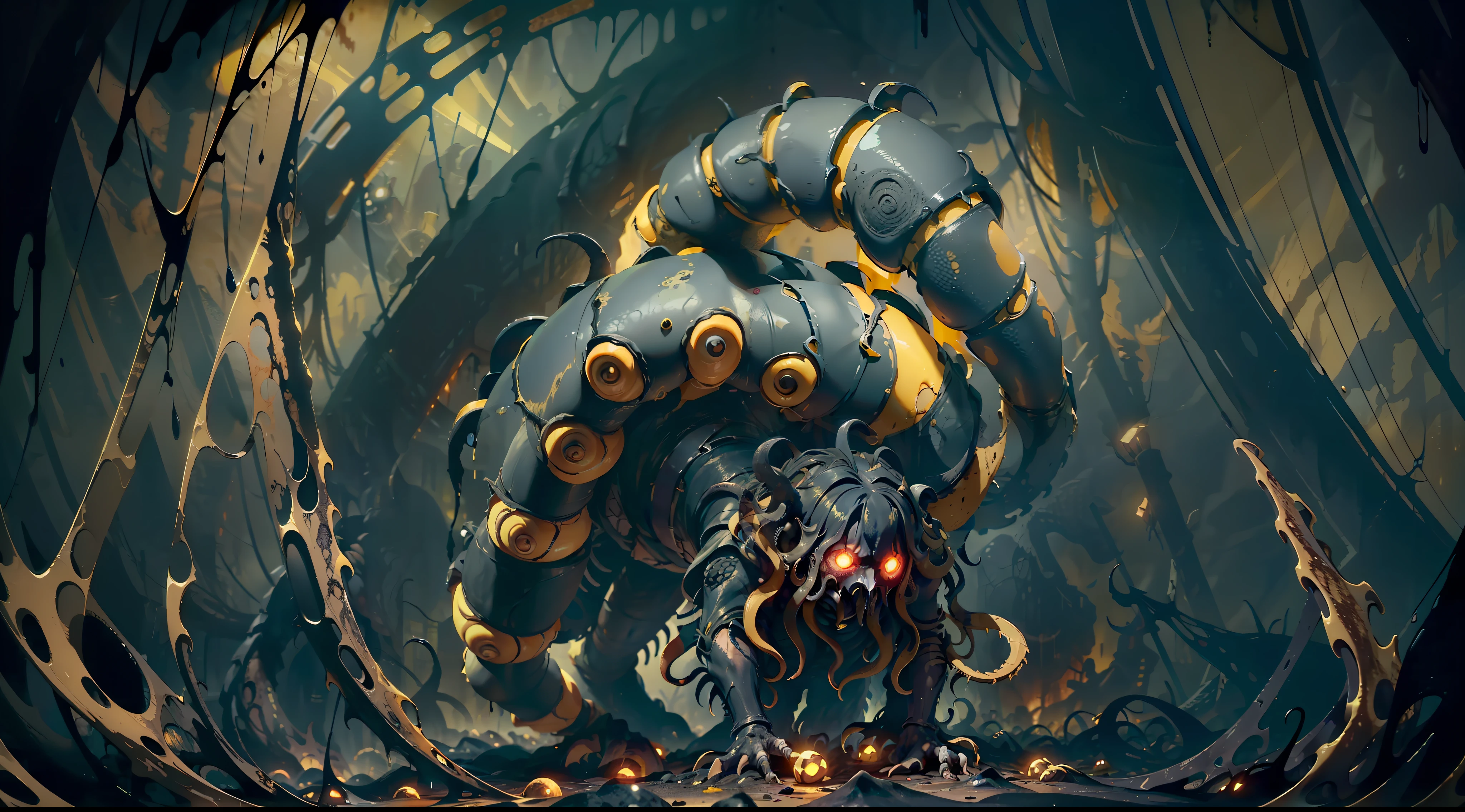 a dark yellow deformed monstrous human creature, with yellow s and bloody c, crawl the dark of the night, surrounded bark yellow mist and tentacles, blood and d