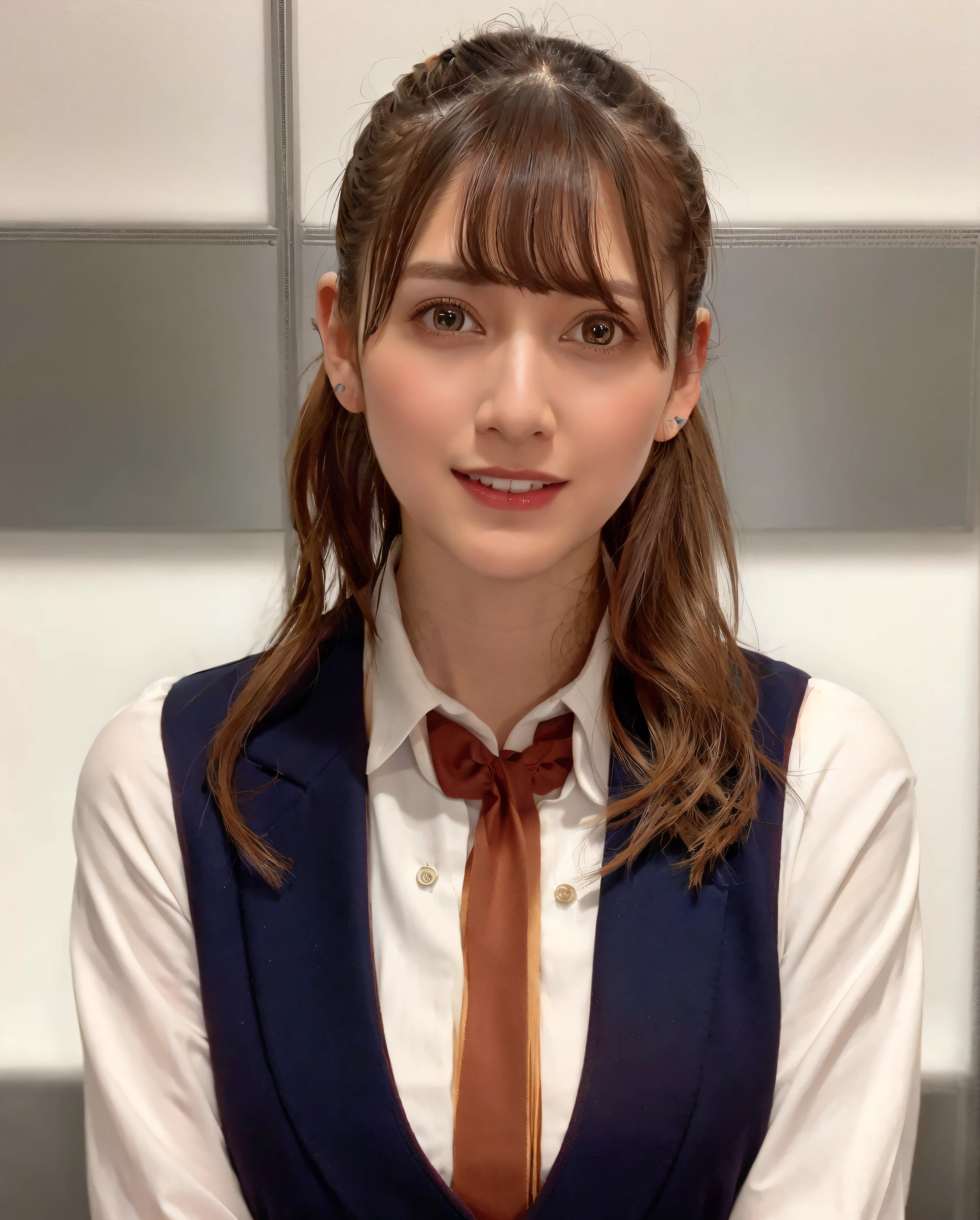 best quality, photorealistic, 8k, high res, 1girl, woman, (skindentation), (professional lighting), (portrait:0.6), (buttoned office shirt:1.64), (white choker:1), gorgeous, ((brown hair)), (short ponytail hair:1.6), (flowing hair:1.6), (1girl eyes looking at viewer:1), ((looking at viewer:1.6)), (1girl looking at the camera), photorealistic, (bokeh), (portait:0.6), (dynamic pose:1.2), masterpiece, intricate, realistic, sharp focus, award-winning photograph, sfw, (smile:1.4),