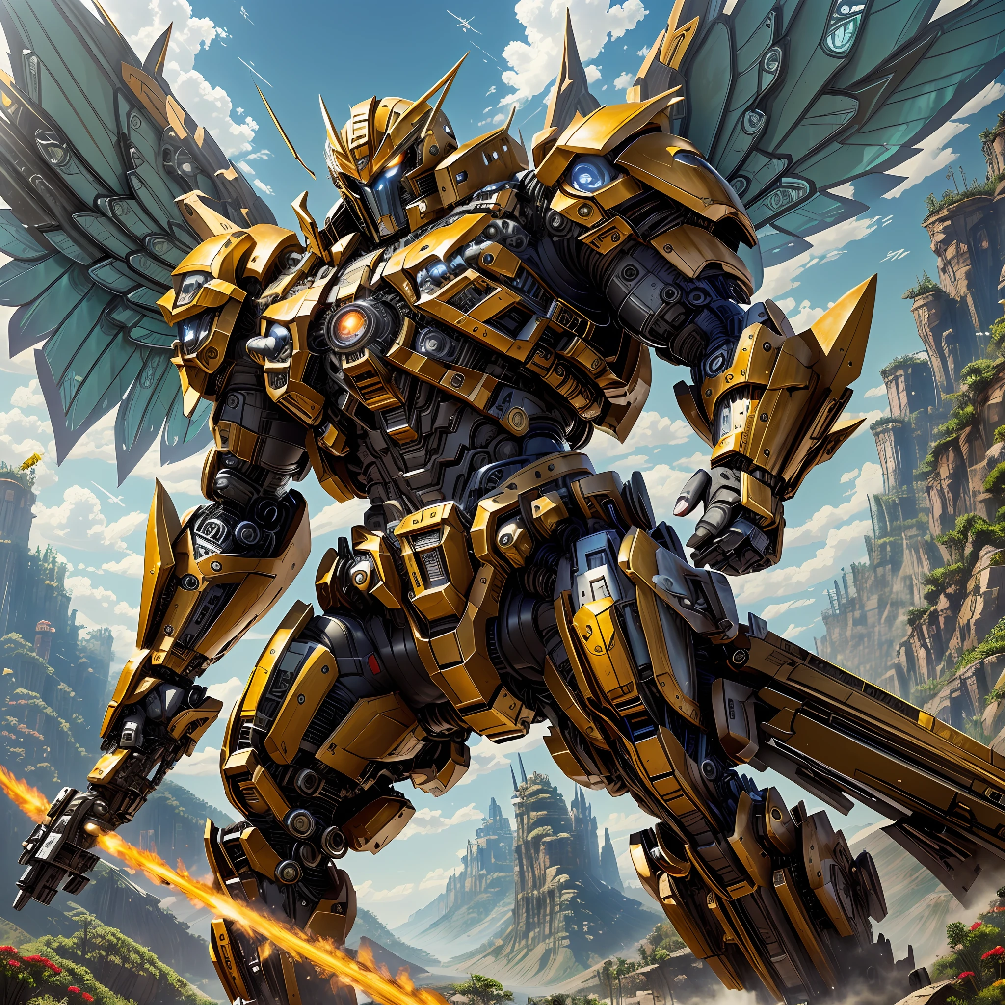 (masterpiece, best quality: 1.3), extremely high detailed, intricate, 8k, HDR, wallpaper, cinematic lighting, (universe), weapon, (shooting position), bright, armor, bright eyes, mecha, large wings, muscular character is an imposing hero, known for his physical strength and his ability to fight against powerful enemies. He is respected and feared by many, but is a reliable ally to those on his side. --auto --s2