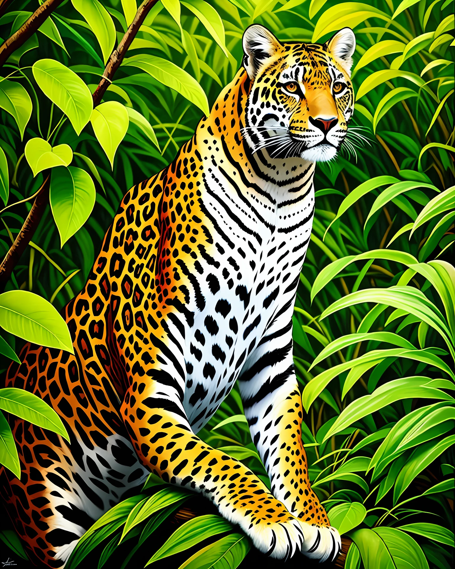An oil canvas of a helpless jaguar painted in the jungle
