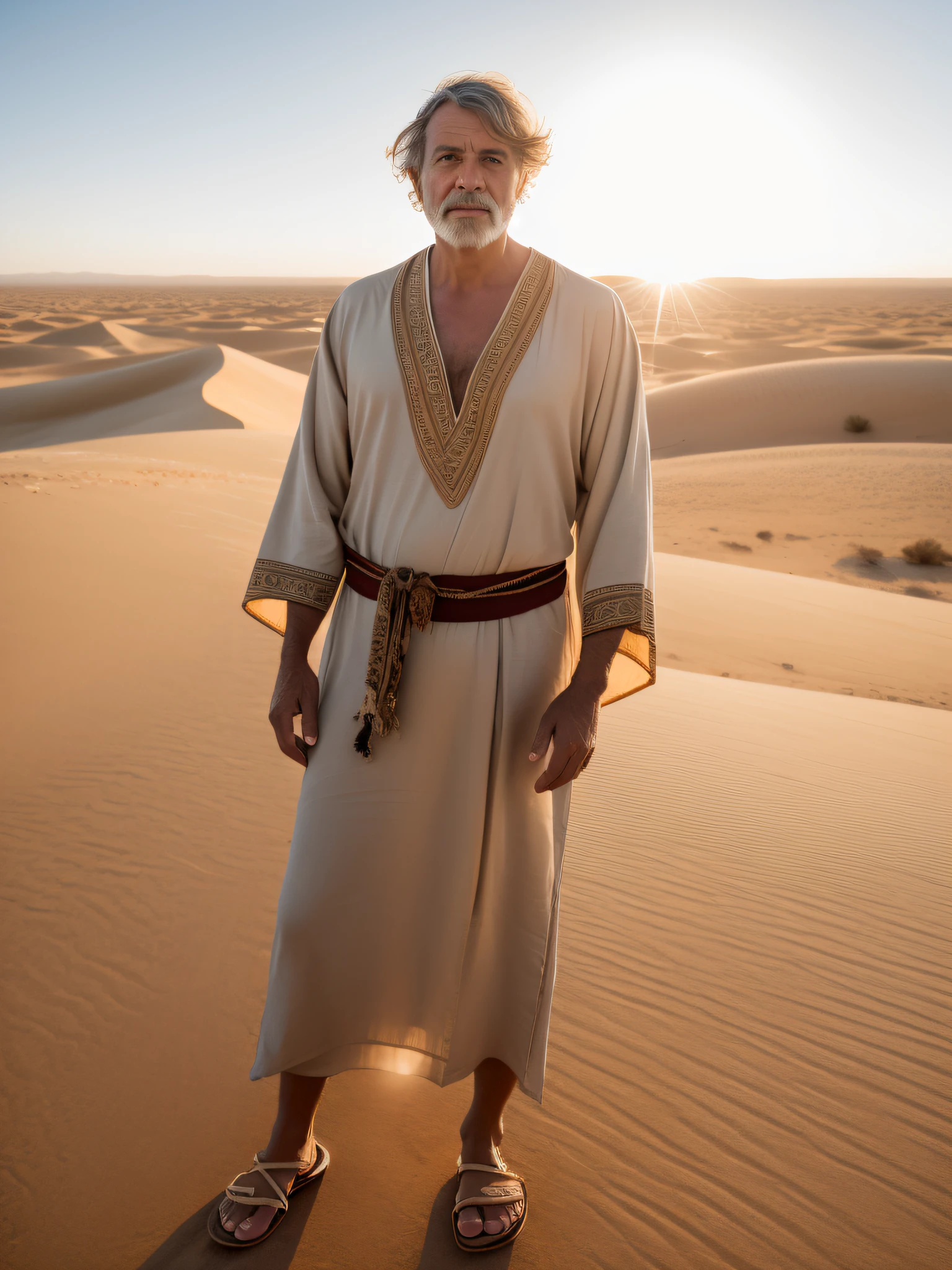 closeup portrait of a man in robes standing on a desert dune, lens flare, sandals, bandana
