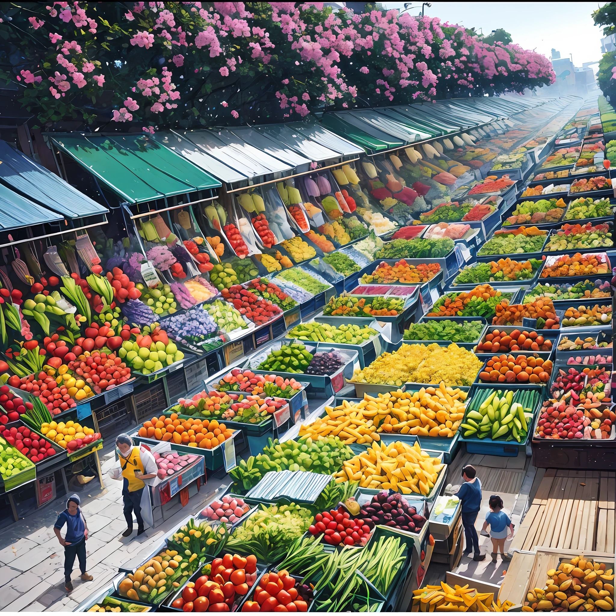 show photo of fair of vegetables, fruits, cheese, in the street, with many stalls of vendors, 1970s, in Florianópolis, state of Santa Catarina, Brazil, in a very large street to infinity, --auto --s2