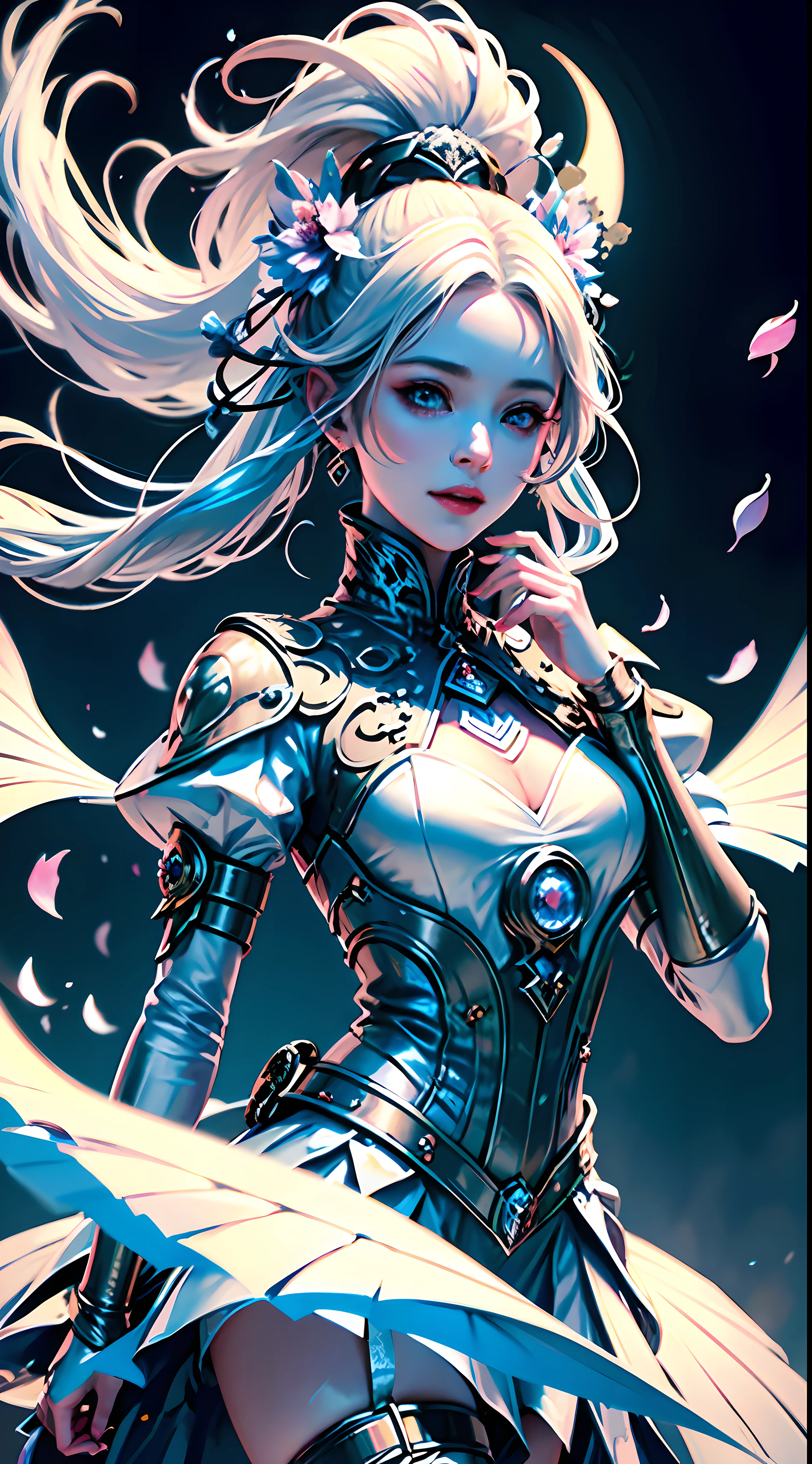 masterpiece, best quality, 1girl, (colorful),(delicate eyes and face), volumatic light, ray tracing, bust shot ,extremely detailed CG unity 8k wallpaper,solo,smile,intricate skirt,((flying petal)),(Flowery meadow) sky, cloudy_sky, moonlight, moon, night, (dark theme:1.3), light, fantasy, windy, magic sparks, dark castle,white hair