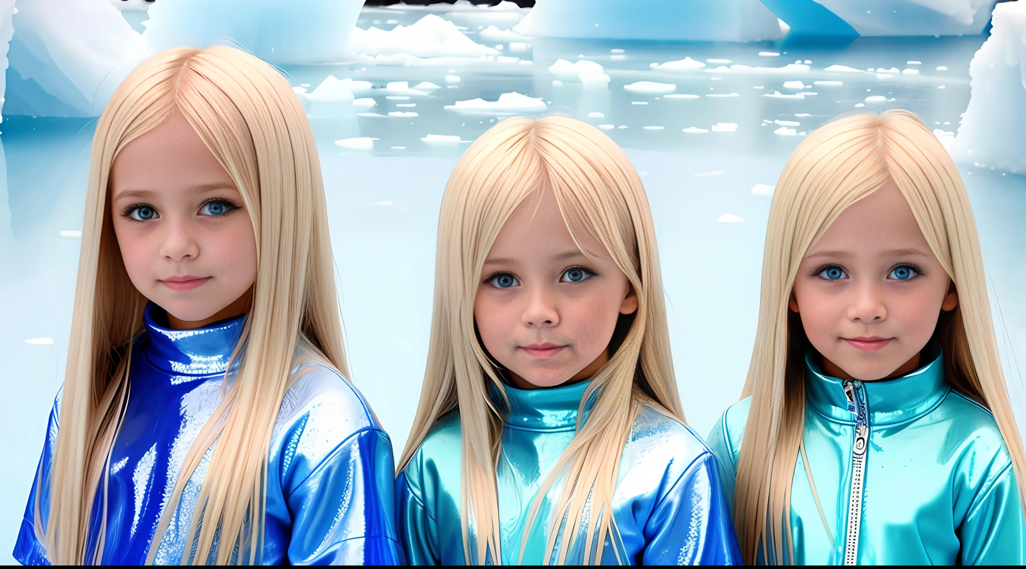 girls blonde children WITH STRAIGHT HAIR, BACKGROUND blue peroil, ice very ice.