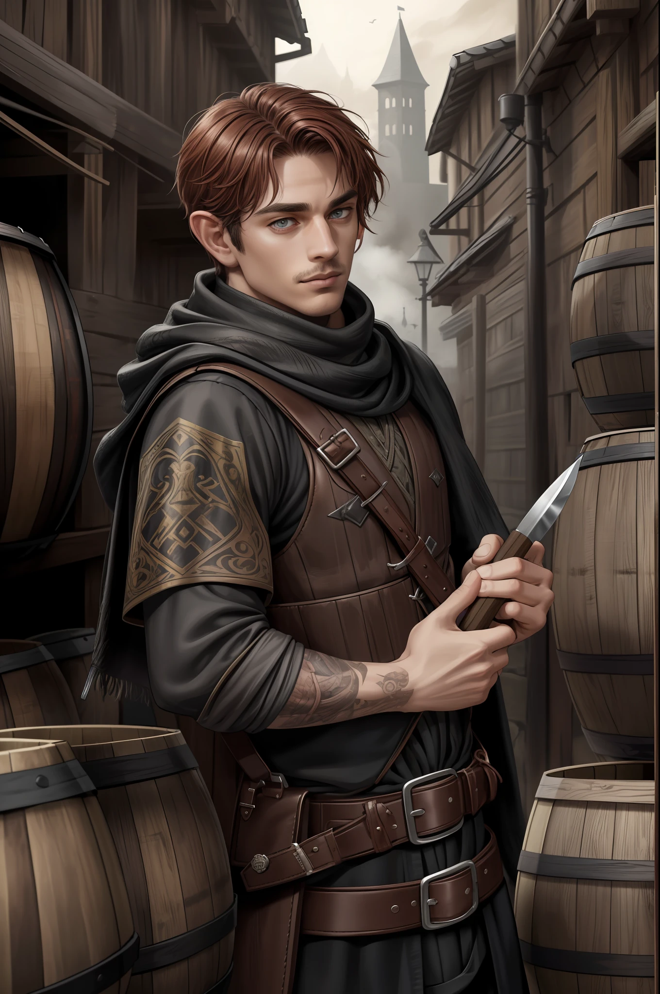 (Absurd, Intricate Details, Masterpiece, Best Quality, High Resolution, 8k), 1 man, masculine, young, short stature, halfling, hobbit, aged, terrible, finely detailed eyes and face, dark red short mustache hair, hazel eyes, looking down, cape, solo, (full body:0.6), detailed background, detailed face, ( dark fantasy theme:1,1), face covered with scarf, racket, (tattoos:0.9), (crouched position:0.75), sturdy dark leather (Armor:0.7), Strap, Dietrich, Hood, Small Leather Bag, Knives, High Fantasy Medieval Setting, Dark Alley Background, Stealth, Undercover, Secret, Stolen Goods, (Barrels in the background: 0.8), Fog, Dark Atmosphere, , Depth of Field, VFX.