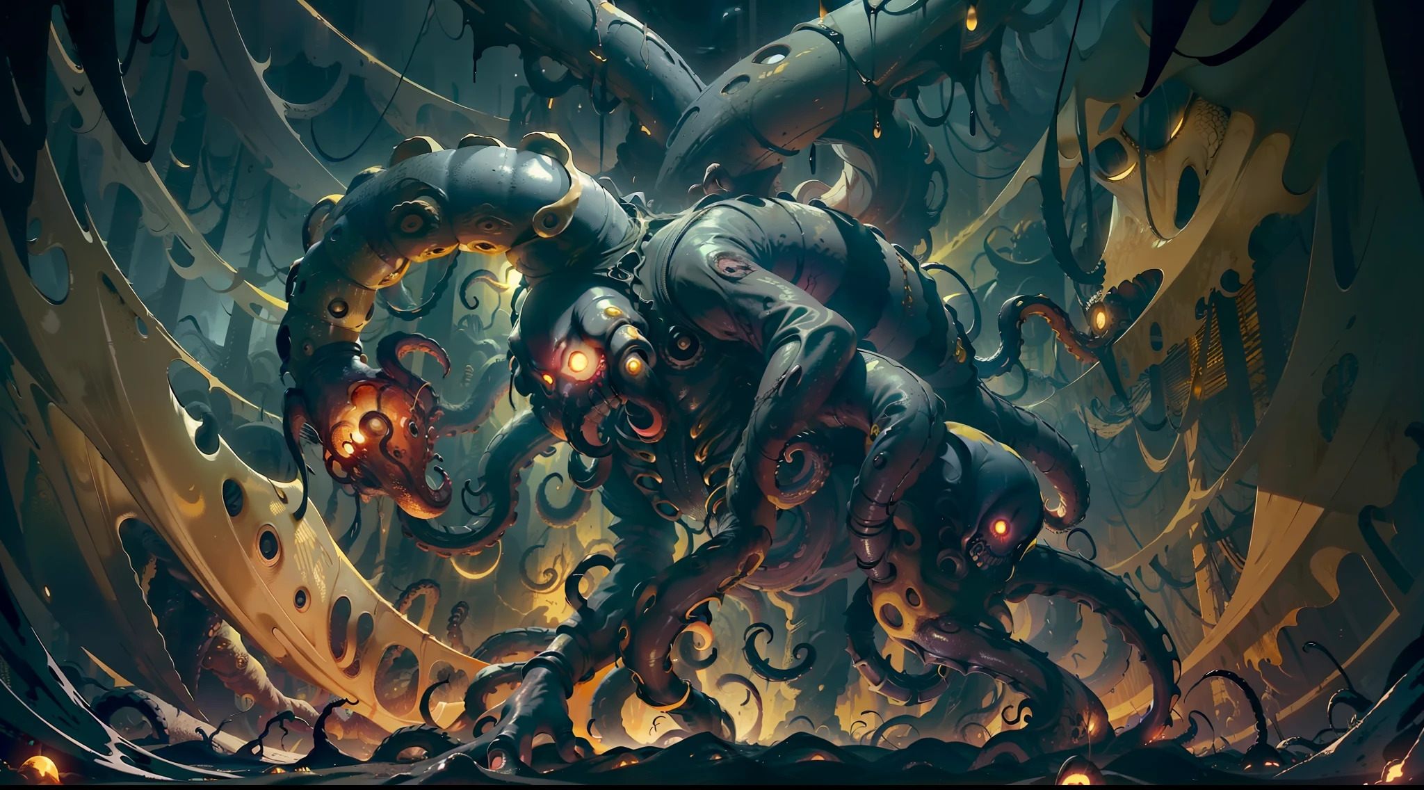a dark yellow deformed monstrous humanoid octopus creature, with yellow tentacles and bloody corpse, crawling in the dark of the night, surrounded by dark yellow mist and tentacles, blood and darkness