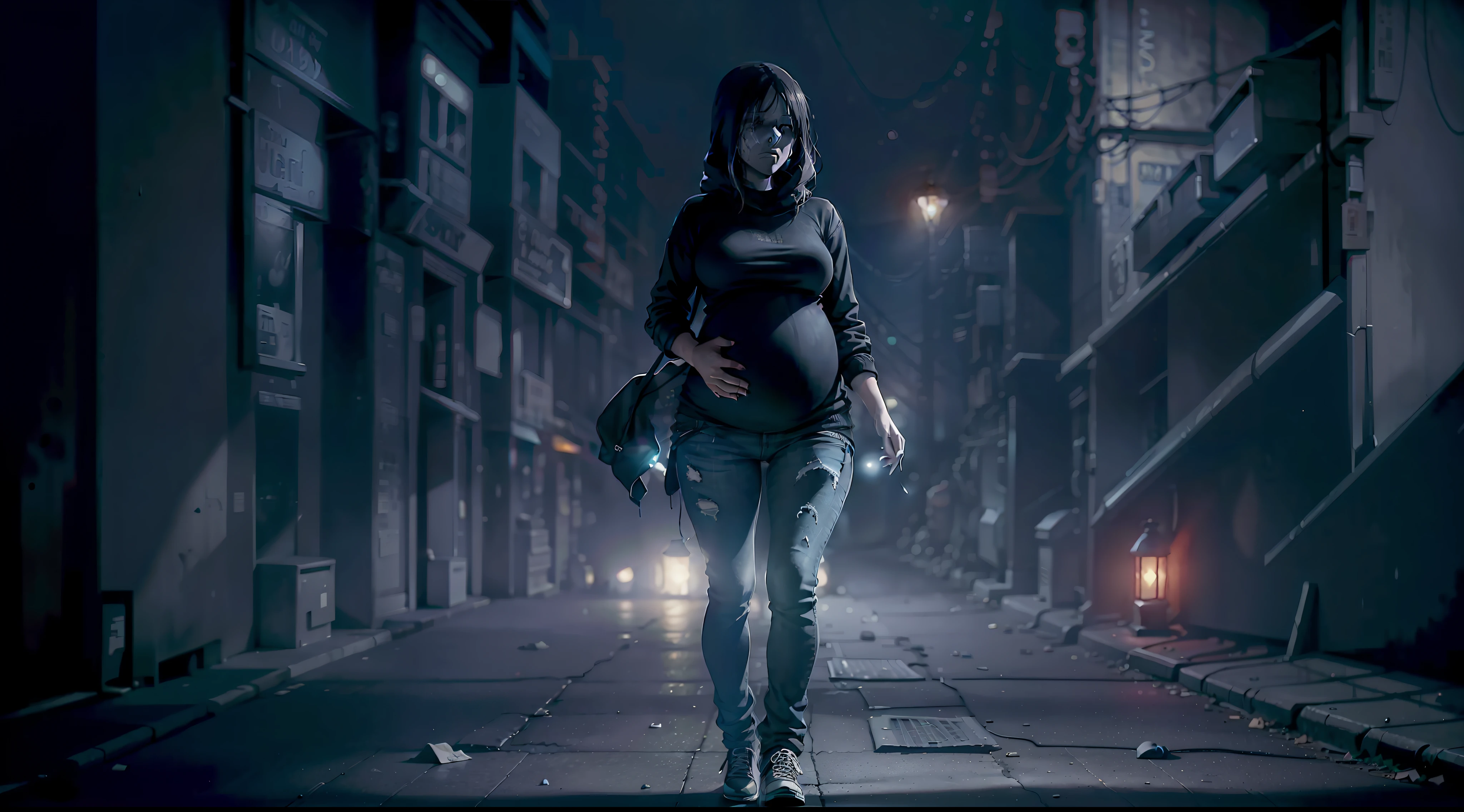 dark scene, dark night, long shot, a pregnant woman walking alone in a dark street of a city, wearing jeans and black sweatshirt, lights out, creepy ambience, horror scene, scary, suffering, poor