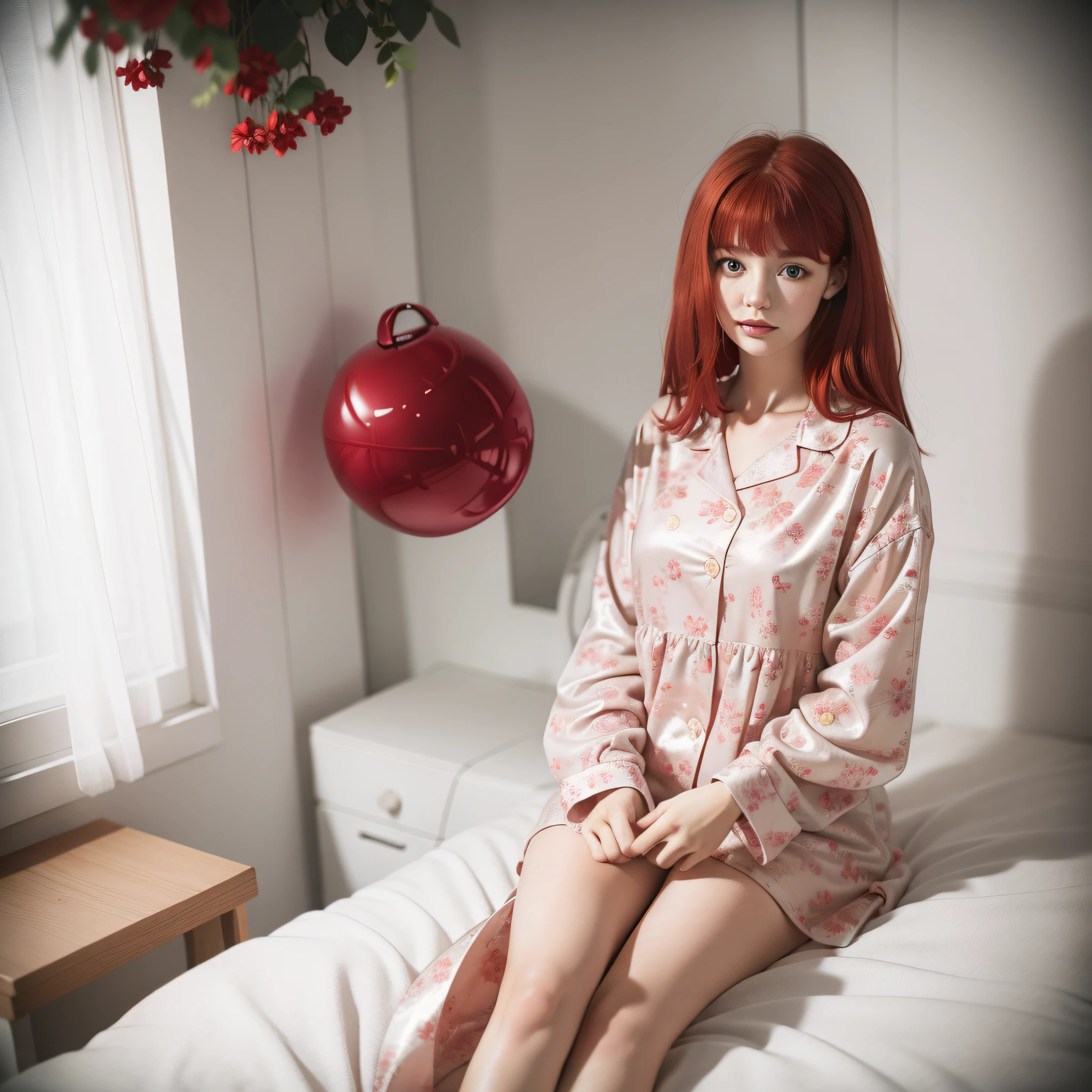 There is a woman sitting on a bed wearing a pink floral pajamas, red-haired girl, beautiful red-haired woman, red-haired woman, young red-haired girl, short bright red hair, red hair and attractive features, Anna Nikonova aka Newmilky, red-haired girl, redhead, beautiful woman, posing in bed, red head, with short red hair, posing in a room