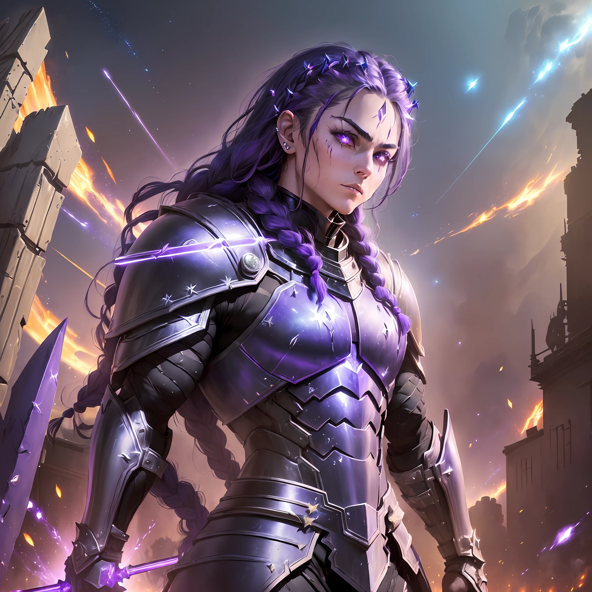 (( wide side ))((man: muscle, torn armor, long braided hair, eyebrow tip blood on eyes)), in one-sided thrust arena ((armor: large, glowing, star, violet, made of space dust, shiny, pierced by arrows)  ) same arrow ((firearms fell, hit them with shield ((earth: brightness, ashes)),