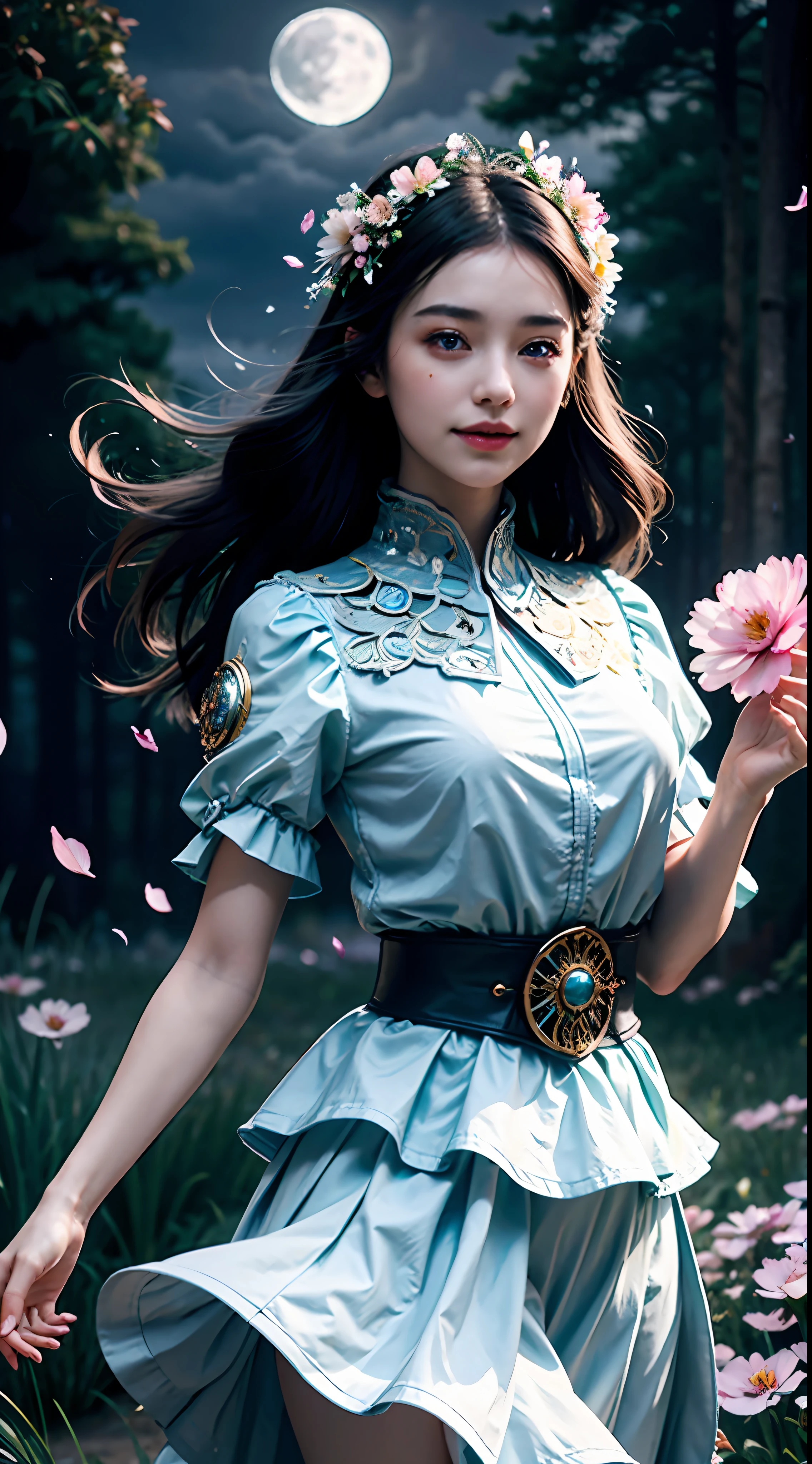 masterpiece, best quality, 1girl, (colorful),(delicate eyes and face), volumatic light, ray tracing, bust shot ,extremely detailed CG unity 8k wallpaper,solo,smile,intricate skirt,((flying petal)),(Flowery meadow) sky, cloudy_sky, moonlight, moon, night, (dark theme:1.3), light, fantasy, windy, magic sparks, dark castle,white hair