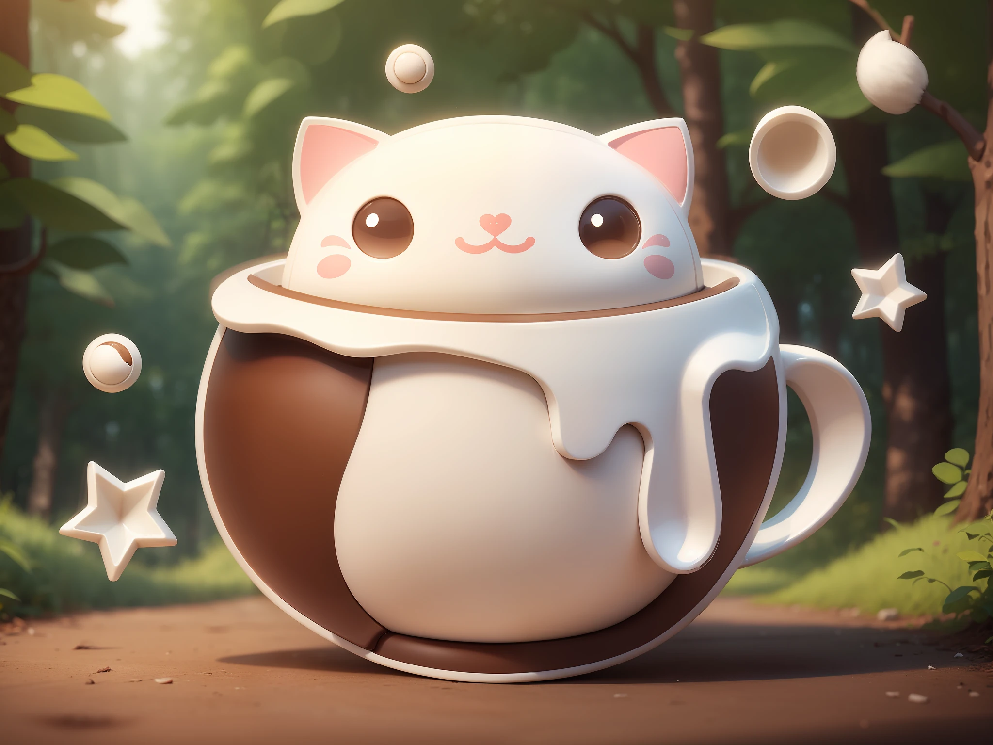Hairy white cat, chocolate cup, natural light, colorful forest in the background, chocolate spilling