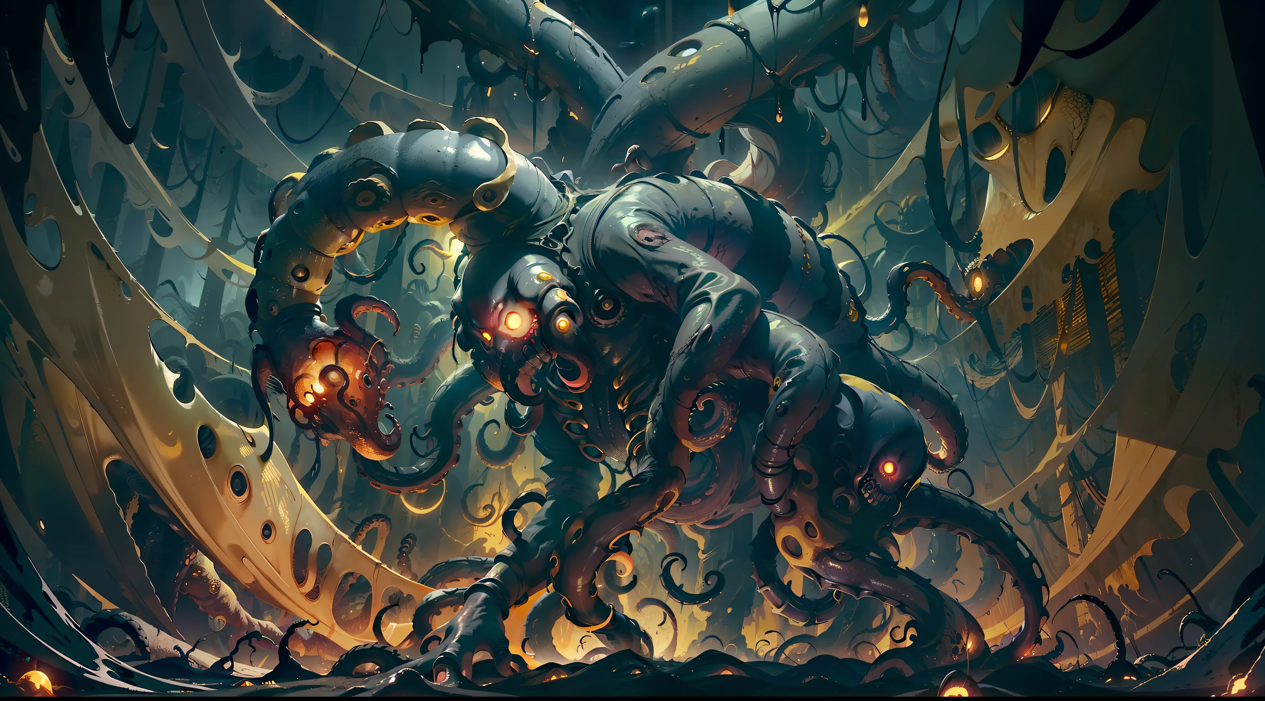 a dark yellow deformed monstrous humanoid octopus creature, with yellow tentacles and bloody ??????, crawling in the dark of the night, surrounded by dark yellow mist and tentacles, blood and darkness