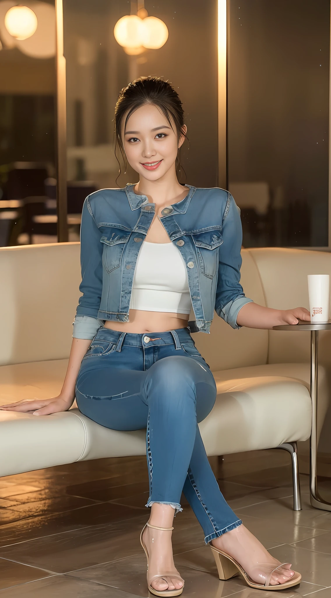 ((Best Quality, Realistic, 8K, Masterpiece: 1.3)), Focus: 1.5, Perfect Figure: 1.4, (Fluffy Short Ponytail Straight Hair, Vertical and Smooth Flowing Hair, Detail: 1.3)), ((Wet Clothes: 1.1), Semi-nude, sheer shirt, Open, transparent, bare breasts, 1.5, (Low-rise crop top jeans, mopping and micro-flared, holes: 0. 5, Advanced texture: 1.3, detailed grain and stripes: 1.3), (Delicate stiletto heels crystal band sandals, high quality: 1.2)), Highly detailed face and skin texture, fine eyes, double eyelids, swollen eyes, skin whitening, stunning face, healing smile, (female focus, waist focus, close focus, HD shooting, petite, medium chest, long legs, beautiful night view, luxury office, floor-to-ceiling windows, long desk, large sofa chair, hips: 0.6, sitting position (full body: 1.8))