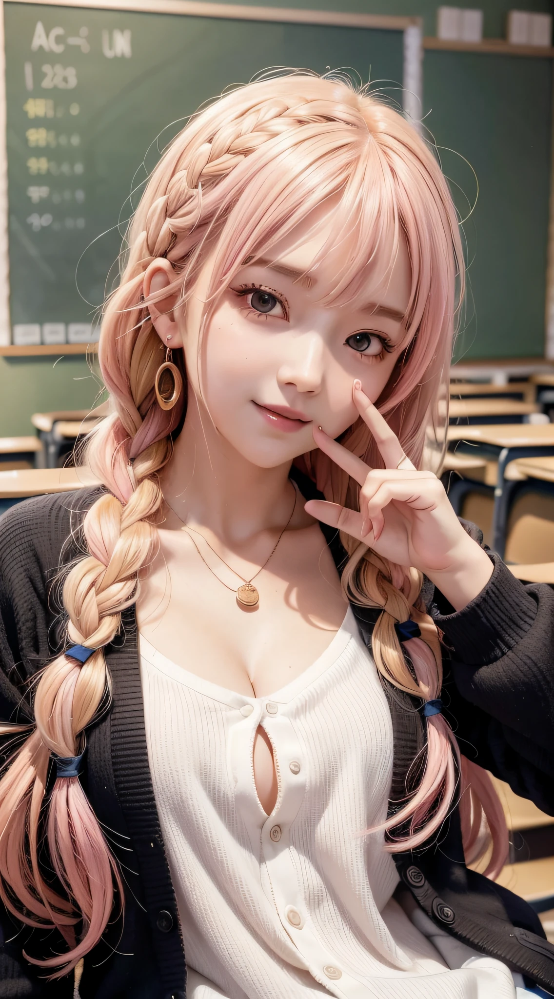 (Anime))), (Gal), Medium Hair, (Braided Hair:1.3), (Bangs:1.2),Two-tone Hair, Blonde Hair, (Pink Hair), Round Face, Red Eyes, (drooping Eyes), ((((Tips)))),Pin Clips,Earrings,Necklace,[Black Skin], Light Smile, ((((Cute))))), Beautiful, 1 Girl, Solo, (Cardigan: 1.4), [ cleavage cutout],peace sign,beautiful background,(Classroom:1.5),Morning,Sunlight,Backlight,Masterpiece,Top Quality,Exquisite,8k,Absurdity,Ultra fine illustration,(Look at the viewer),
