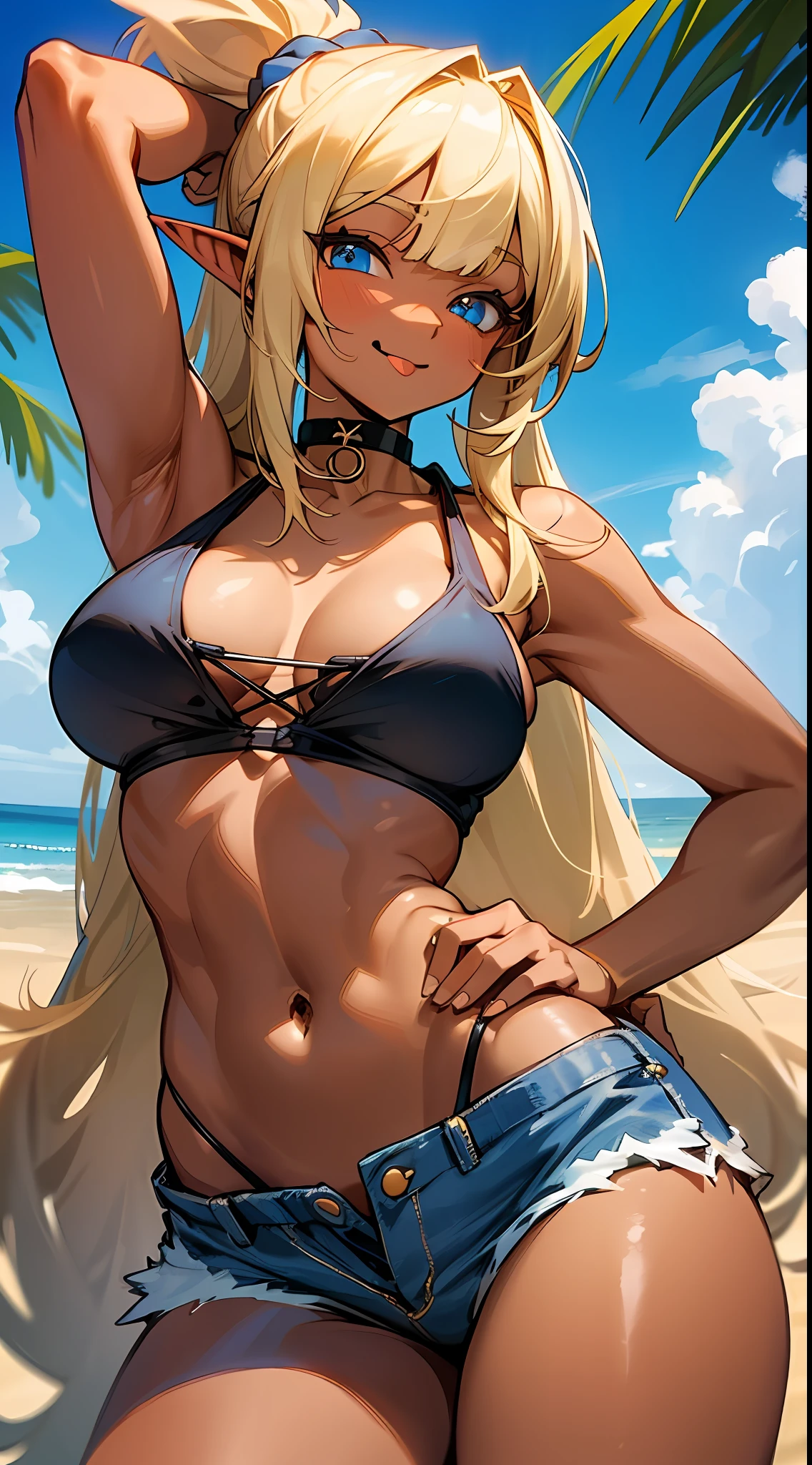 blonde, brown skin, looking at camera, beach, shy, smiling, woman, dark elf, long-haired, (black bikini), denim, choker, blue eye, detailed eyes, shorts, big breasts, thin waist, long bangs, ponytail, hands on hips, super delicate, armpits, (high leg), tongue, wink