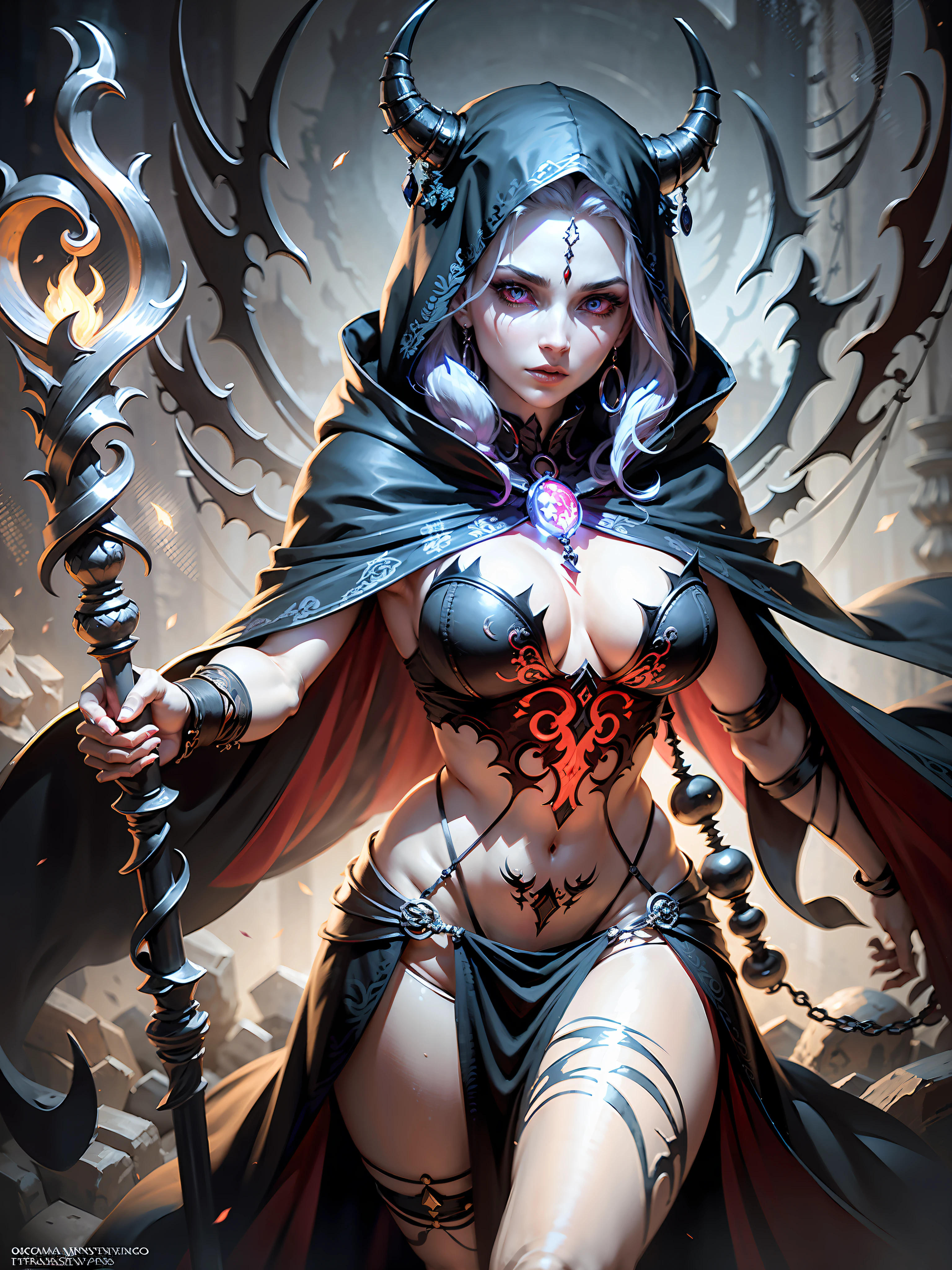 BREAK, master piece,Best quality, hyper detailed,8K resolution, octane render, bioluminescent, perfect female anatomy, perfect composition BREAK
Create an image of a strikingly beautiful necromancer dressed in a dark cloak, holding a bone magic staff with a skull on the top adorned with glowing red eyes. The necromancer emanates a sense of power and intimidation, with a dark aura surrounding her. Her face is pale and serene, with piercing green eyes that seem to glow in the darkness.BREAK
The necromancer's cloak is long and flowing, and it billows behind her as she moves, adding to her mystique. The cloak has intricate black embroidery around the edges, and it shimmers slightly in the low light. Her hands are adorned with silver rings, and her necklace is a black cord with a single black gemstone. BREAK
The bone magic staff is ornately carved, with intricate bone designs and a skull on the top adorned with red glowing eyes. The staff seems to pulse with dark magic and energy, and it gives the necromancer an even greater sense of power and intimidation. BREAK
The background is dark and foreboding, with shadows and mist swirling around the necromancer. The scene exudes a sense of danger and mystery, with the necromancer appearing as both otherworldly and alluring