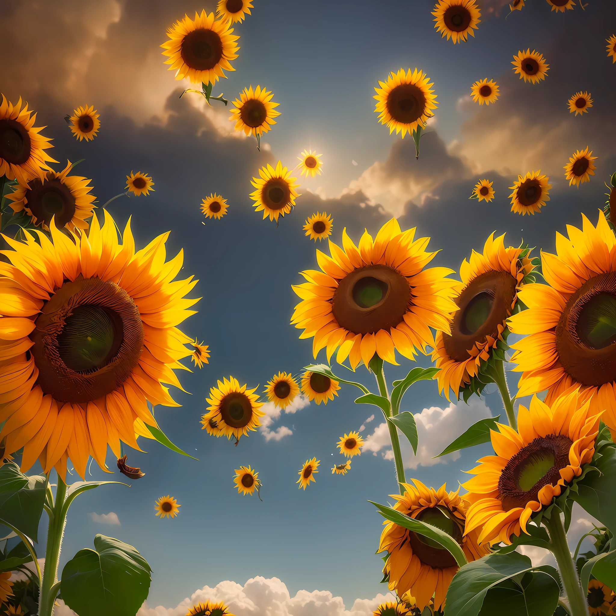 (((hundreds of sunflowers falling from the sky))), rain of sunflowers, fall of sunflowers, night, nightfall, hyperdetailed intricately detailed ultra realistic art trending on Artstation triadic colors Unreal Engine 5 detailed matte painting, deep color, fantastical, intricate detail, splash screen, complementary colors, fantasy concept art, 8k resolution, ultra realistic deviantart masterpiece, (dark shot:0.9), soft cinematic light, adobe lightroom, photolab, hdr, intricate, highly detailed