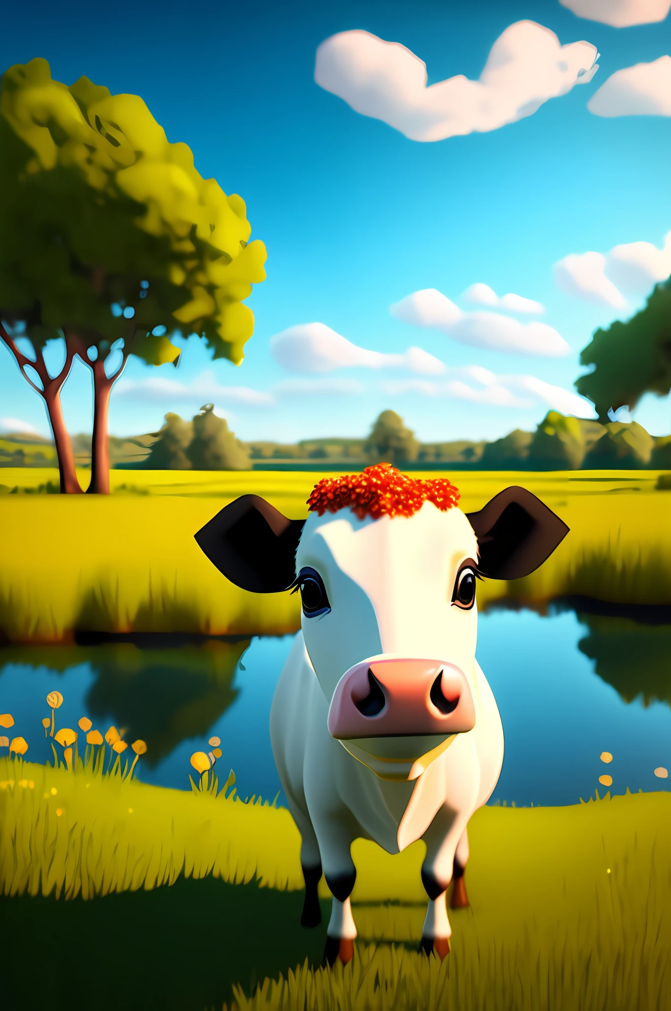 Beautiful and adorable cartoon cow standing in a field with a crystal clear lake in the background, beef, cow, pixar style, chibi style, stylized 3 D, stylized art, soft shading, stylized shading, beautiful detailed digital art, stylized digital art, soft shading, close portrait, close-up portrait photo, adorable digital painting, farm background
