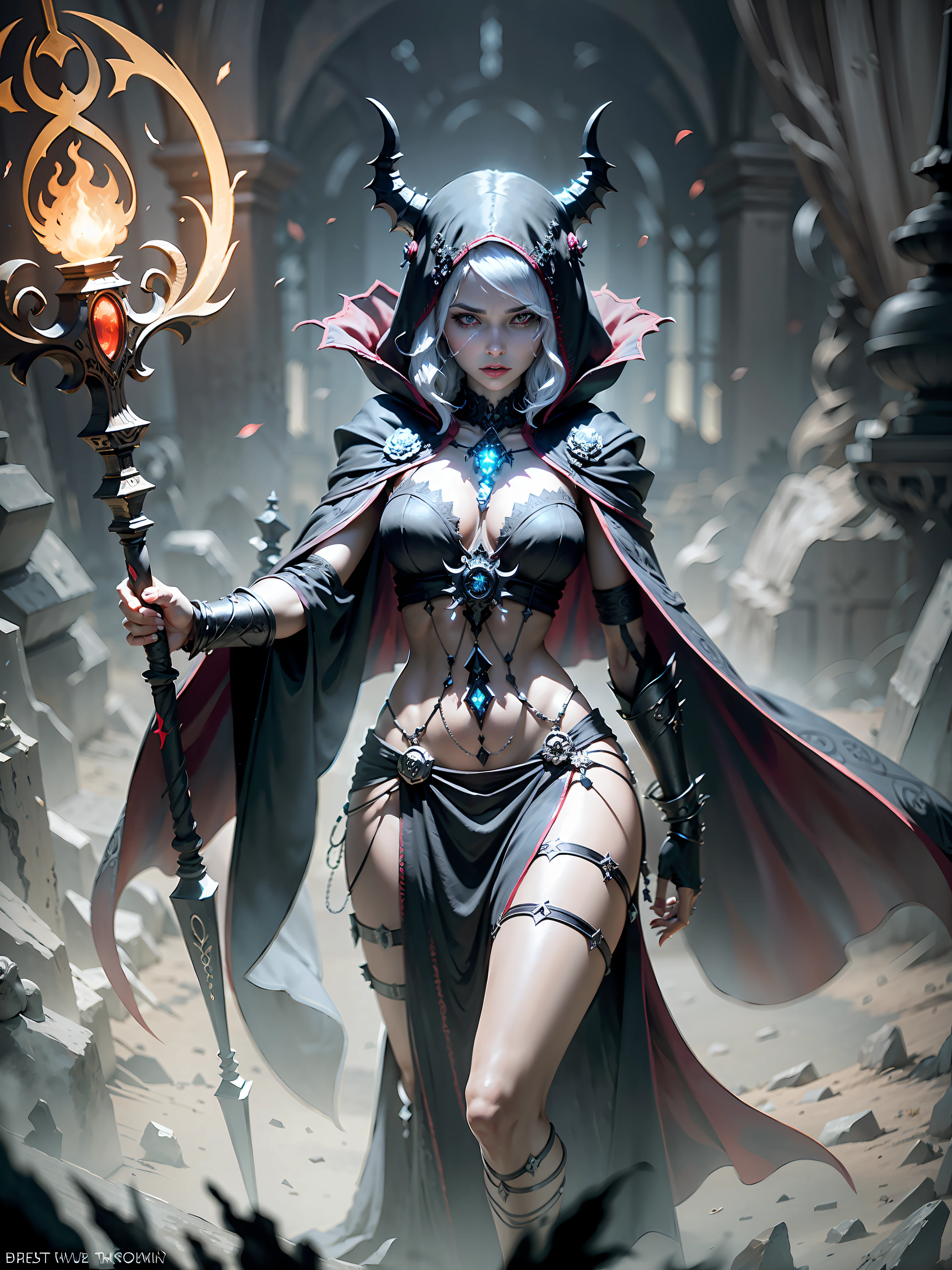 BREAK, master piece,Best quality, hyper detailed,8K resolution, octane render, bioluminescent, perfect female anatomy, perfect composition BREAK
Create an image of a strikingly beautiful necromancer dressed in a dark cloak, holding a bone magic staff with a skull on the top adorned with glowing red eyes. The necromancer emanates a sense of power and intimidation, with a dark aura surrounding her. Her face is pale and serene, with piercing green eyes that seem to glow in the darkness.BREAK
The necromancer's cloak is long and flowing, and it billows behind her as she moves, adding to her mystique. The cloak has intricate black embroidery around the edges, and it shimmers slightly in the low light. Her hands are adorned with silver rings, and her necklace is a black cord with a single black gemstone. BREAK
The bone magic staff is ornately carved, with intricate bone designs and a skull on the top adorned with red glowing eyes. The staff seems to pulse with dark magic and energy, and it gives the necromancer an even greater sense of power and intimidation. BREAK
The background is dark and foreboding, with shadows and mist swirling around the necromancer. The scene exudes a sense of danger and mystery, with the necromancer appearing as both otherworldly and alluring