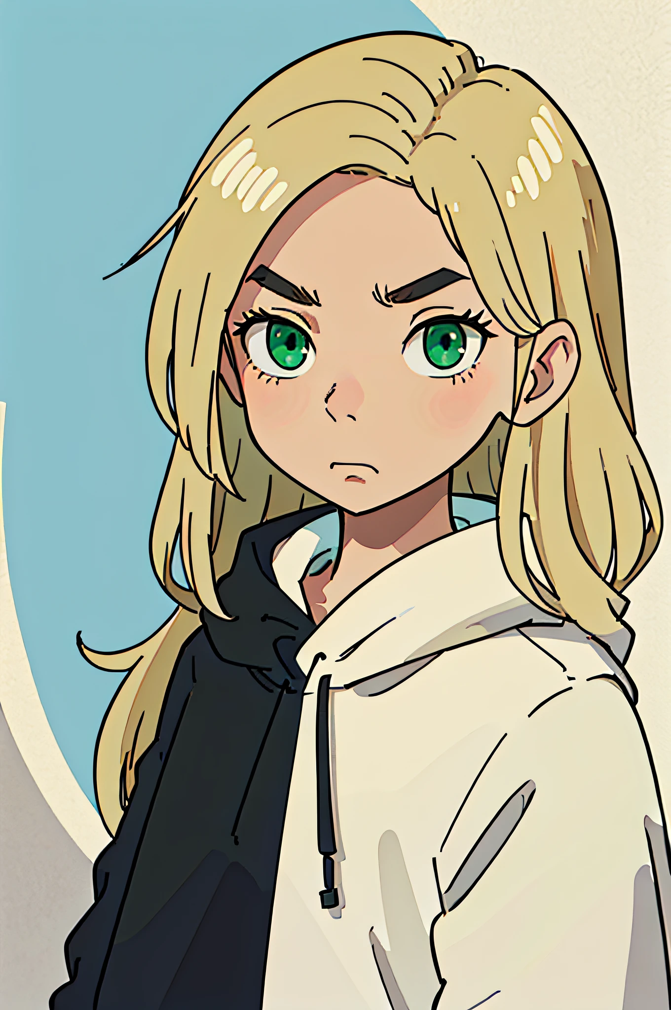 (best quality: 0.8), (best quality: 0.8), western illustration, serene blonde with long hair, slightly flushed cheeks, soft colors, lofi, portrait, bloom, slightly warm tones, beige, green eyes, wearing a black hooded sweatshirt, superb, abstract background, no bangs on the forehead, light and faint tones, less contrast, tired look, a little angry