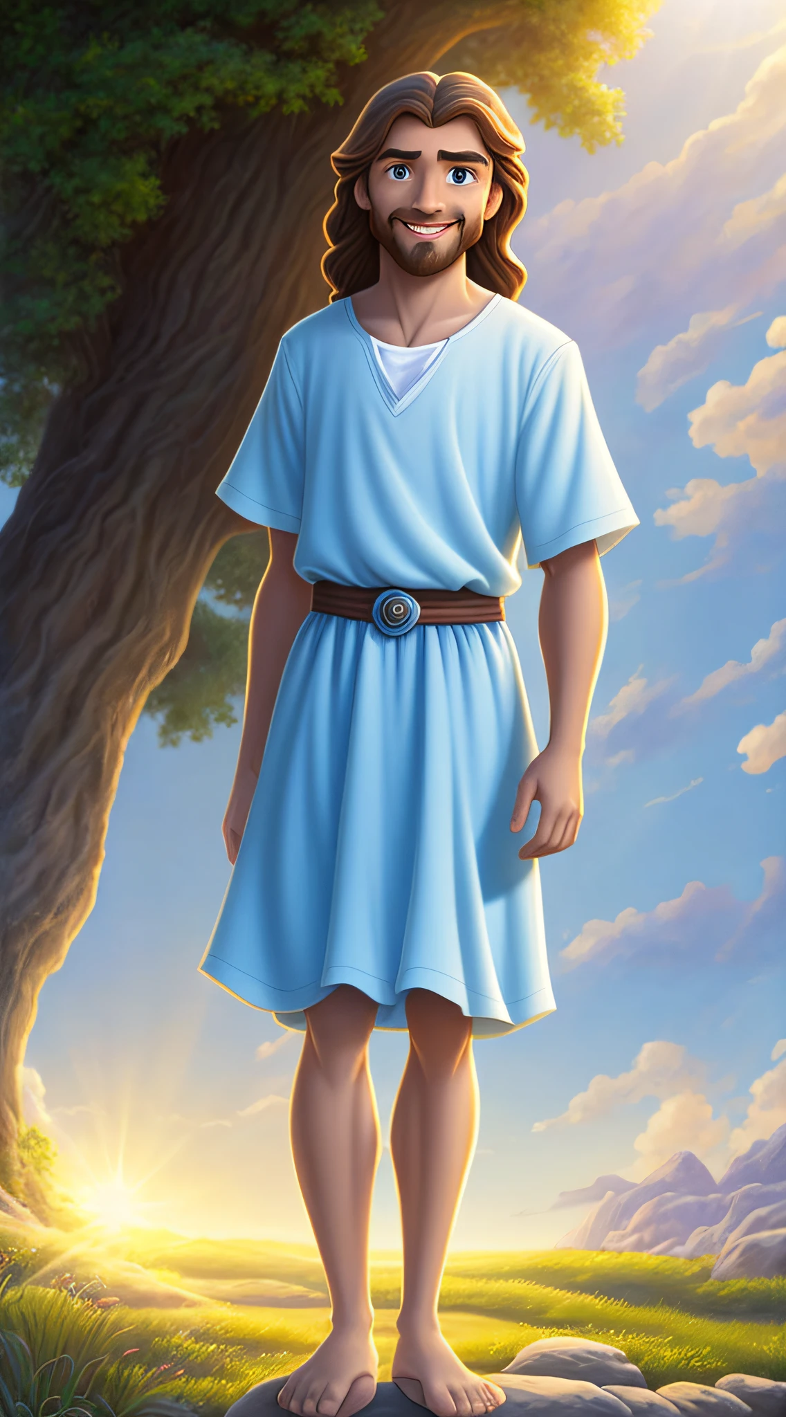 Original art quality, full body picture, Disney character animation style, young and handsome Jesus God, standing posture, hands naturally placed on both sides, looking ahead, gentle expression and smiling, eyes full of light, background light blue, translucent, with light as the theme, the focus of light is on the characters, the overall picture is fresh and bright.