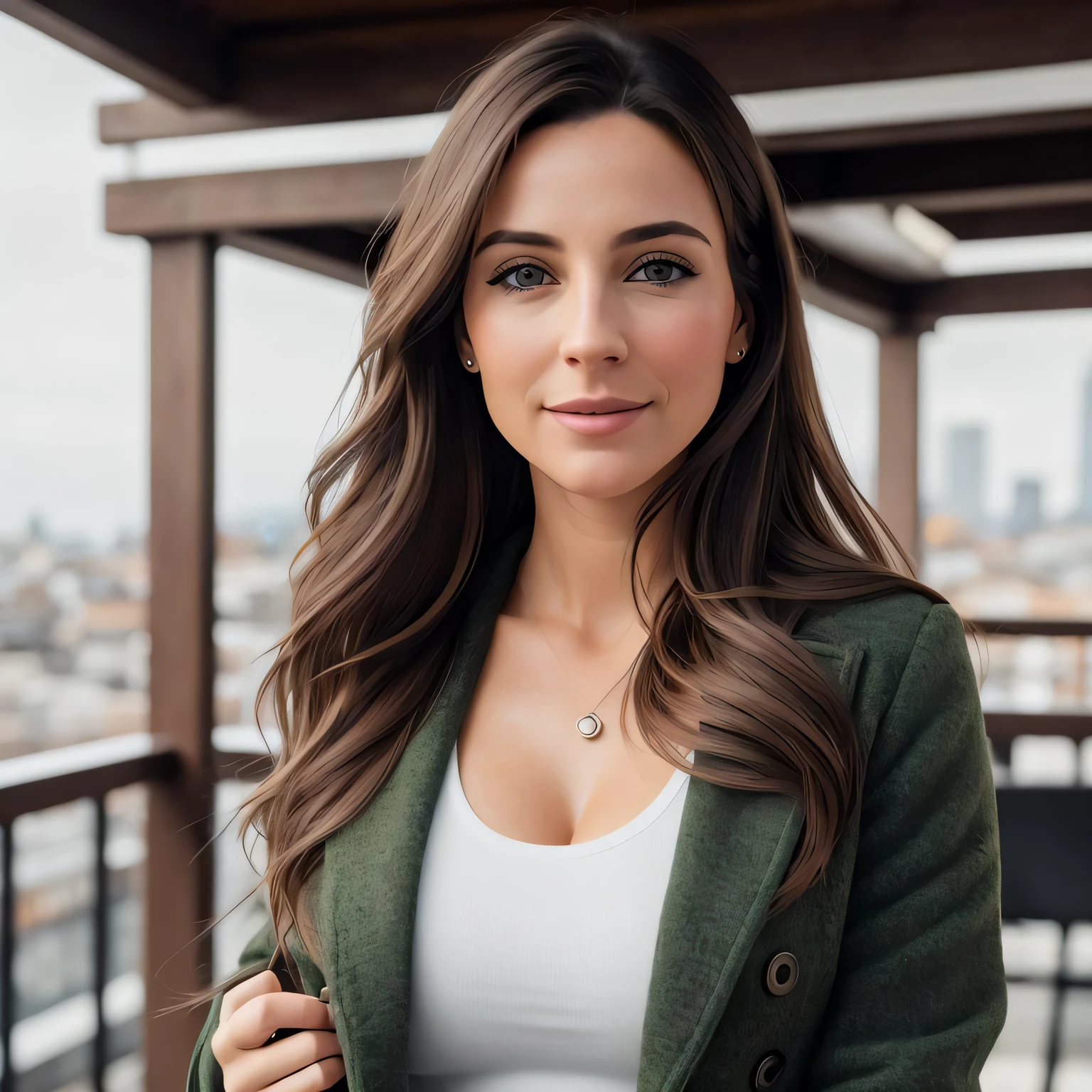 mature female, 30 year old, brown hair, european woman, whole body on picture, multiple views, zoom out, happy, cute, cool, flirty look, realistic hair, green eyes, show ass, sexy pose, european eyes, medium build, medium round ass, half long coat, cute clothing, tight jeans, open clothes, rooftop bar, masterpiece,ultra high res, (photorealistic:1.4), raw photo, ultra realistic, detailed background,refined, detailed, realistic face, detailed face, realistic skin,(RAW photo, best quality), extremely detailed, CG, unity, Amazing, finely detail, light smile, extremely detailed CG unity 8k wallpaper, huge filesize, ultra-detailed, highres, absurdres, soft light,