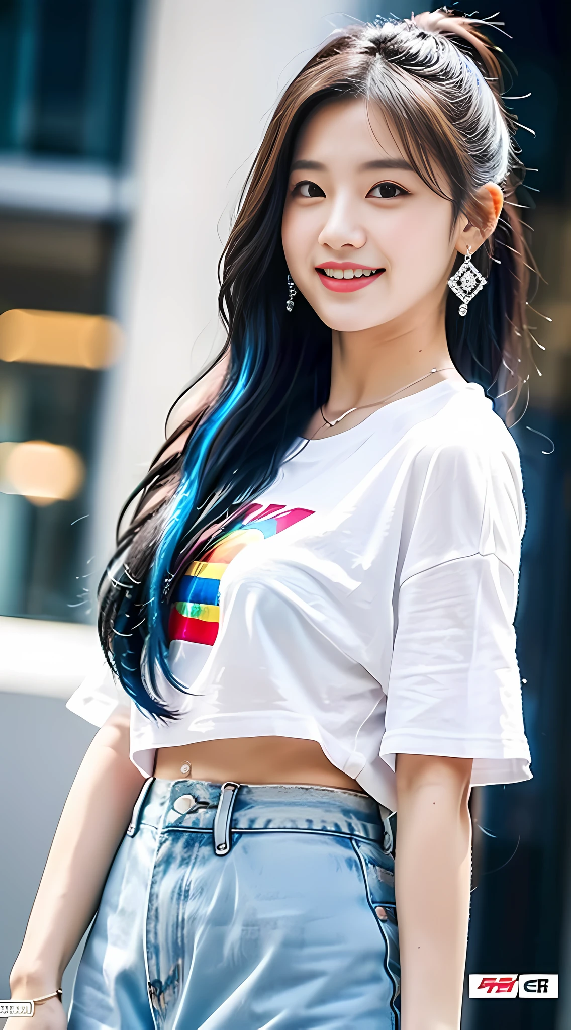 {extremely delicate girl}, CG 8k wallpaper, masterpiece, cold expression, handsome, mid-chested figure, looking at the audience squarely, fashion skirt, cute T-shirt, rainbow-colored hair, high ponytail, black eyes, beautiful and delicate eyes {{a black crosshairpin}}, handsome, sweet smile, glowing hair, looking directly into the camera, diamond earrings,