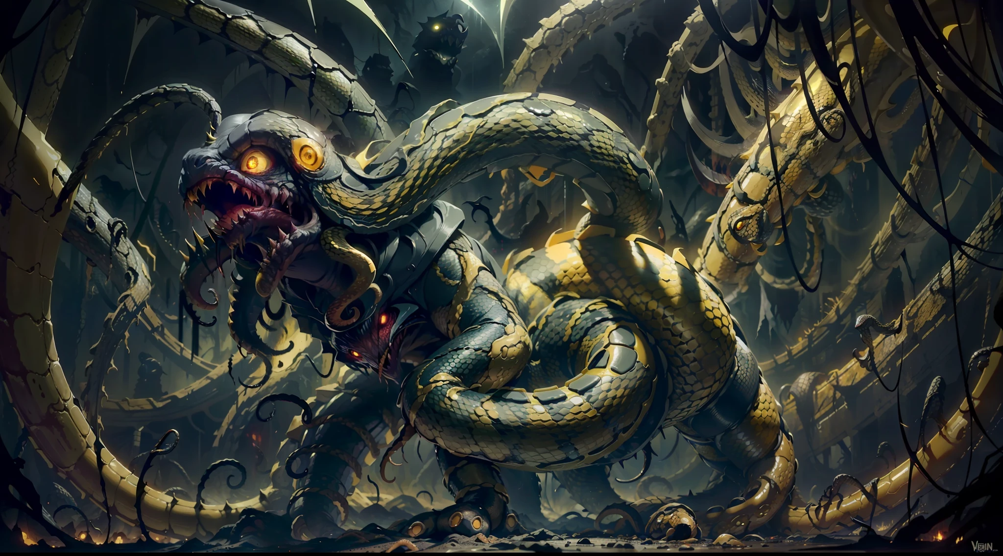 a dark yellow deformed monstrous snake creature, with yellow tentacles and bloody corpse, crawling in the dark of the night, surrounded by dark yellow mist and tentacles, blood and darkness
