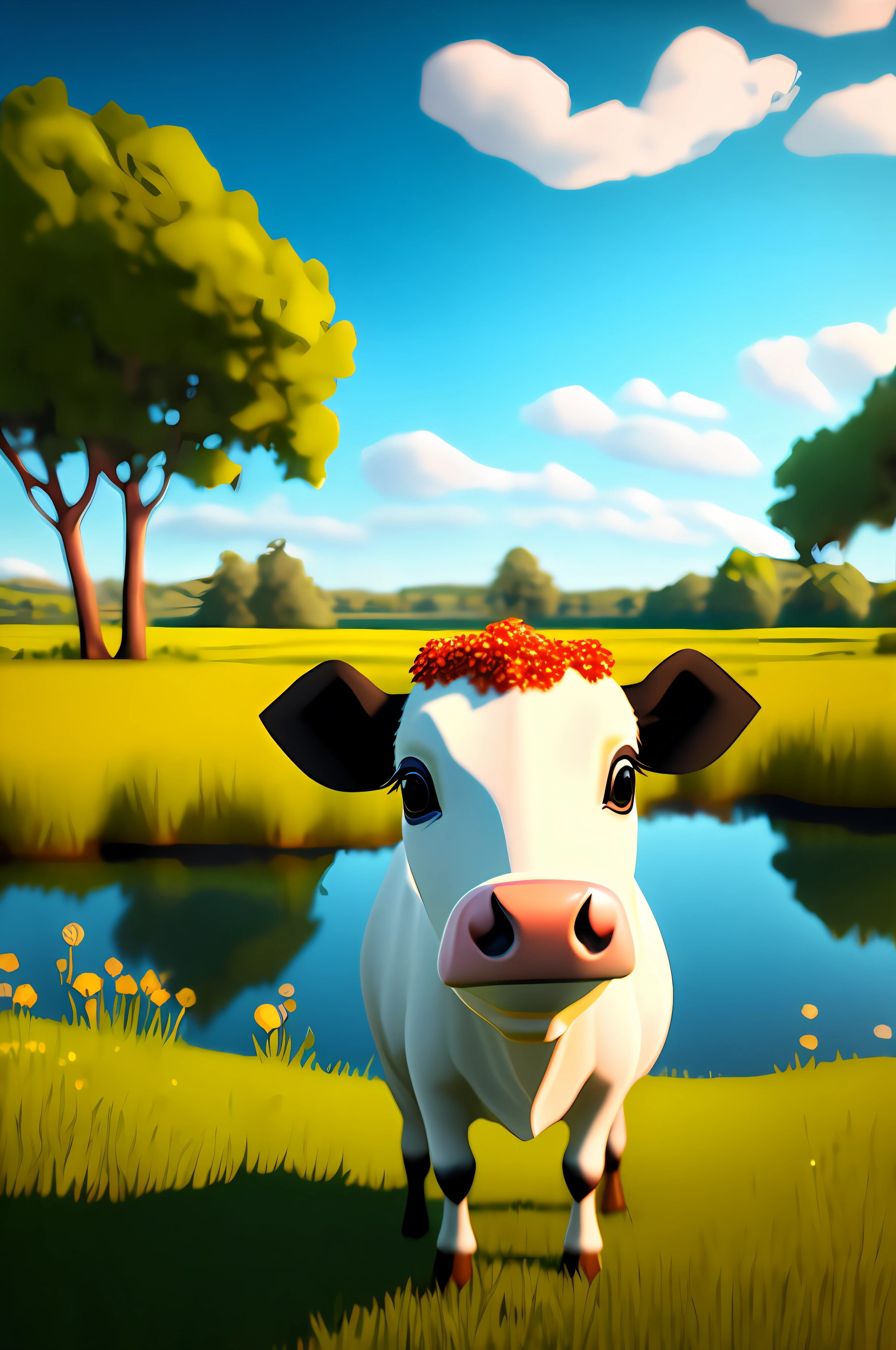 Beautiful and adorable cartoon cow standing in a field with a crystal clear lake in the background, beef, cow, pixar style, chibi style, stylized 3 D, stylized art, soft shading, stylized shading, beautiful detailed digital art, stylized digital art, soft shading, close portrait, close-up portrait photo, adorable digital painting, farm background