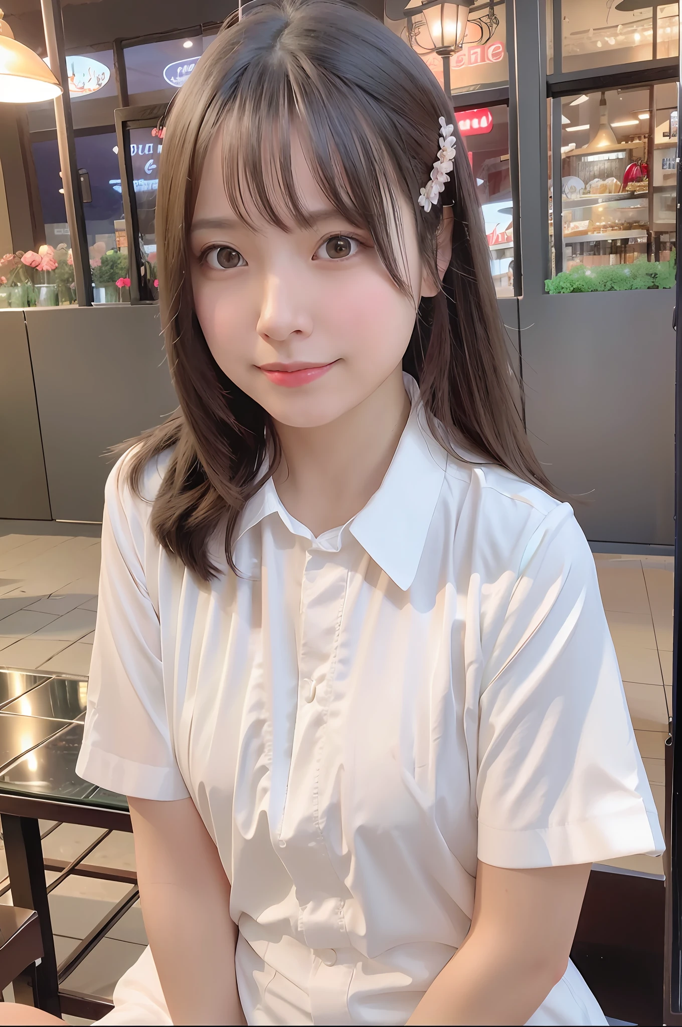 best quality, ultra high resolution, (photorealistic: 1.4), blush, cute, (detailed face), light smile, looking at viewer, upper body, waitress clothes, sunny, flushed face, restaurant, night, ambient light