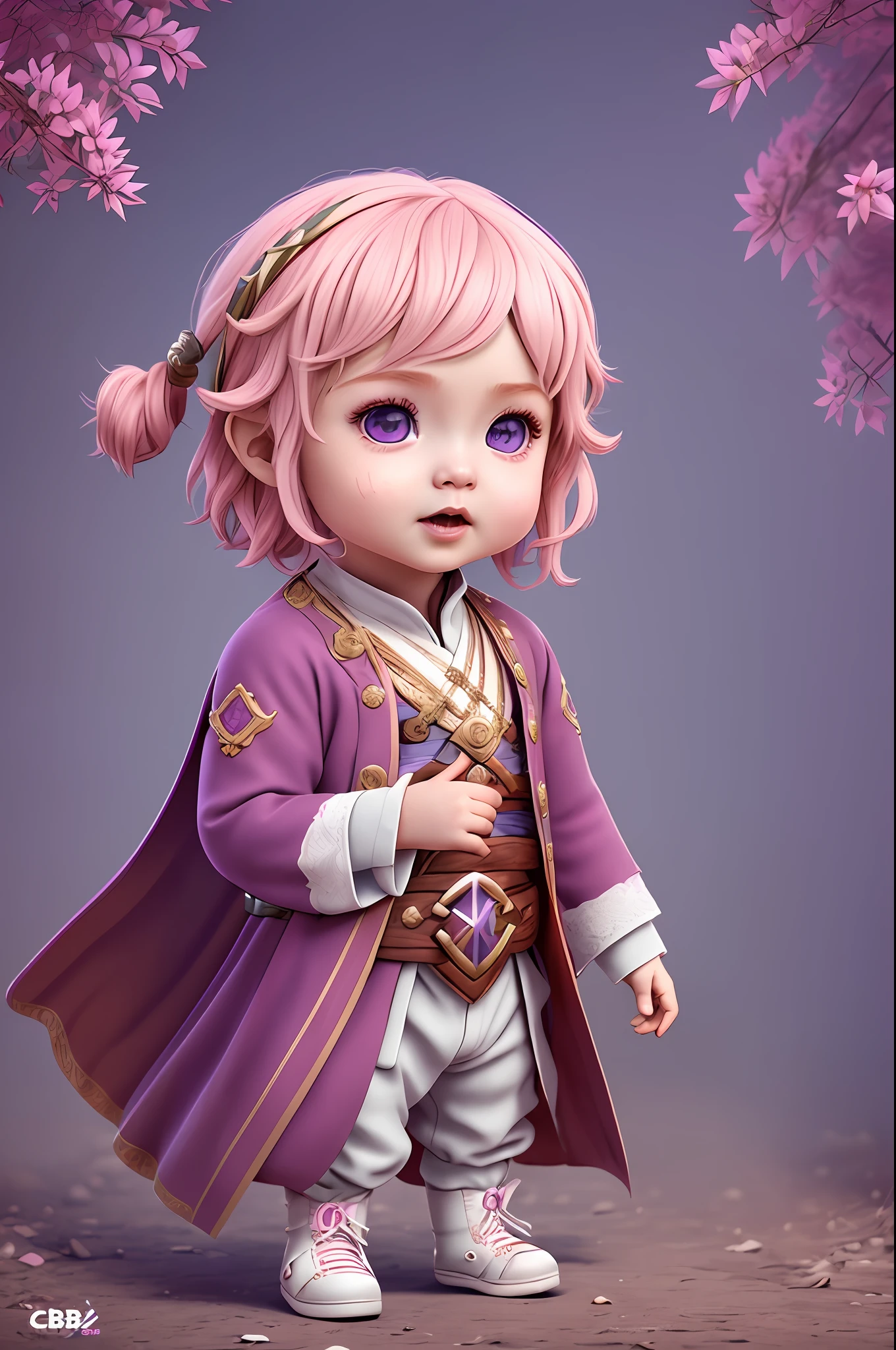 (cbzbb:1.25), 1 girl, portrait of cutest yae miko baggins baby illustration, artstation, CGI_Animation, yae miko , pink hair, purple eyes