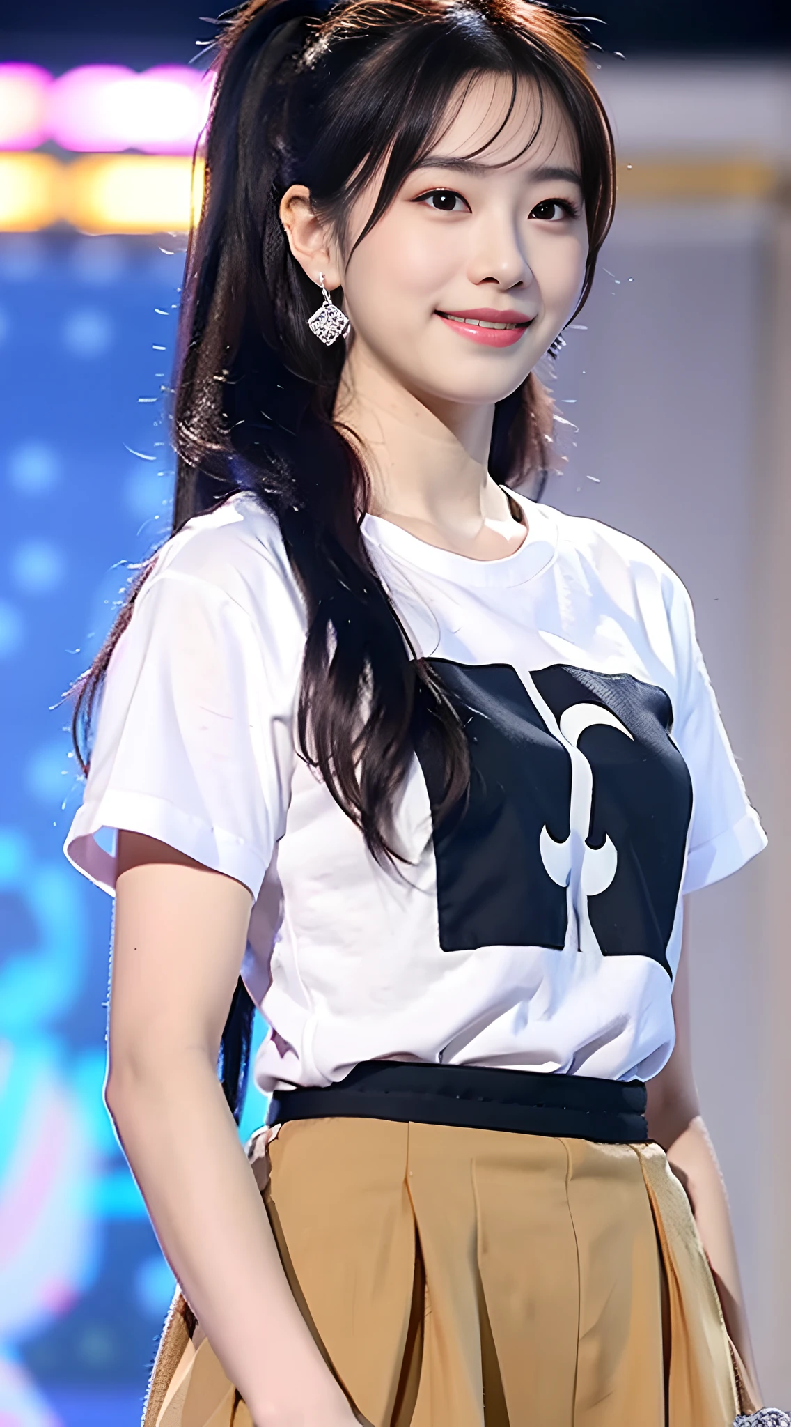 {extremely delicate girl}, CG 8k wallpaper, masterpiece, cold expression, handsome, mid-chested figure, looking at the audience squarely, fashion skirt, cute T-shirt, rainbow-colored hair, high ponytail, black eyes, beautiful and delicate eyes {{a black crosshairpin}}, handsome, sweet smile, glowing hair, looking directly into the camera, diamond earrings,