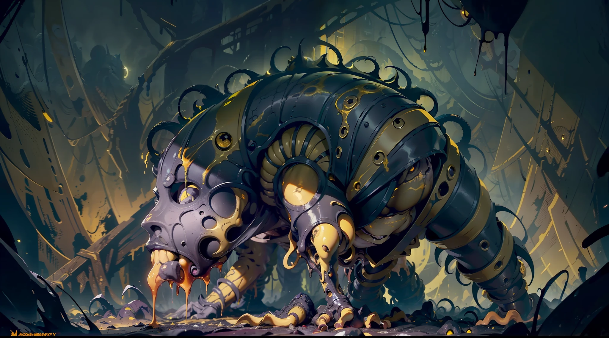 a dark yellow deformed monstrous human corpse creature, with yellow tentacles and bloody corpse, crawling in the dark of the night, surrounded by dark yellow mist and tentacles, blood and darkness
