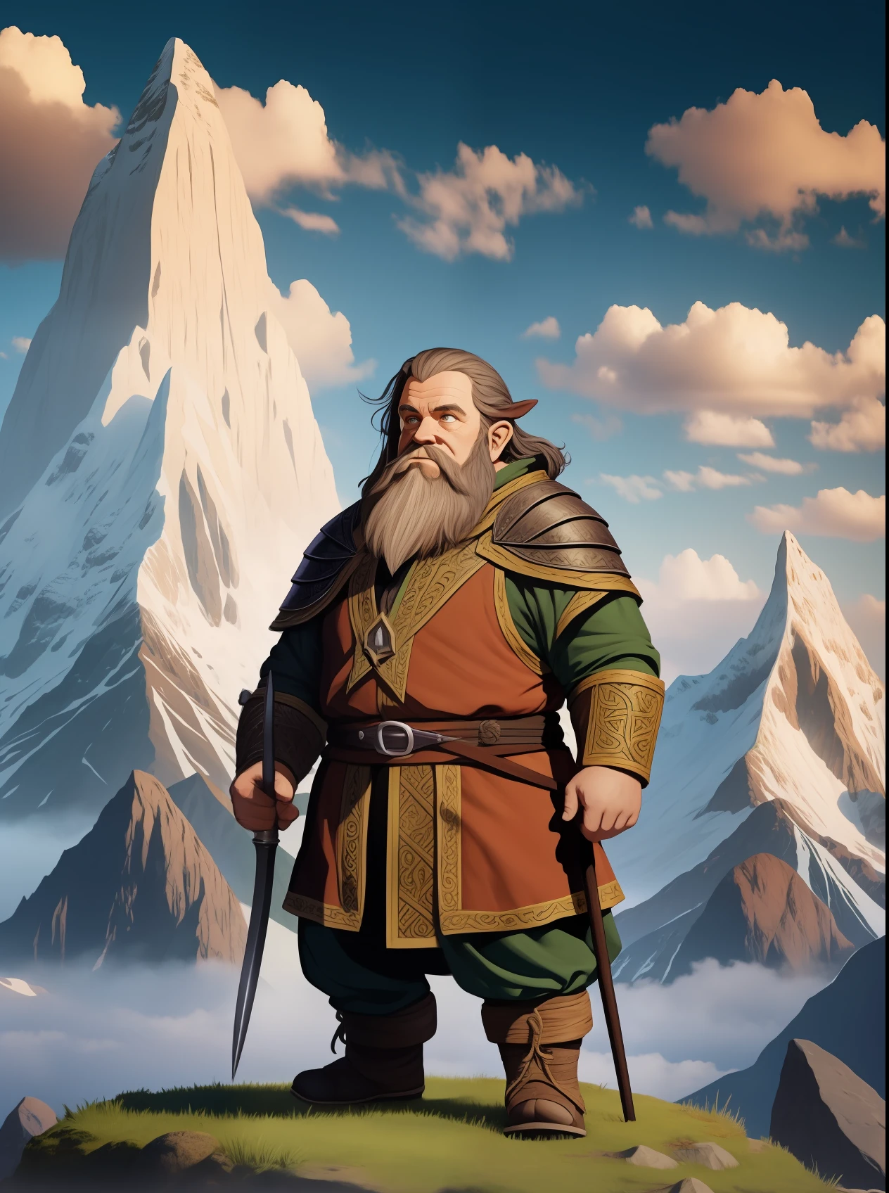 Lord of the Rings dwarf character, full body, mountains in the background, high resolution,