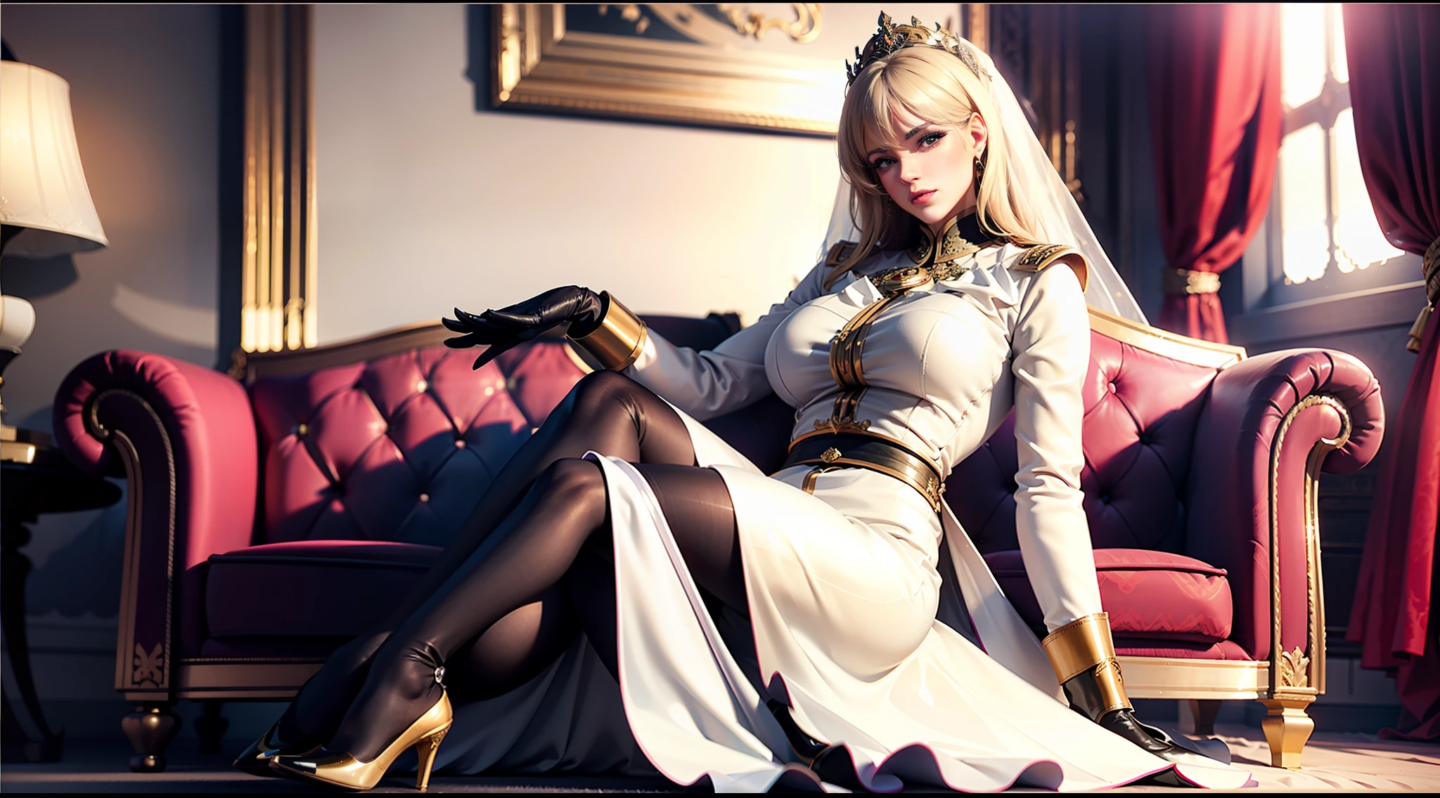 1girl, sera mass, elegant, masterpiece, intricate, realistic, best quality, interior, luxury villa, high facial detail, perfect eyes, mature woman, female journalist, illustration, bright colors, hands on chest, hands on chest, big breasts, white silk wedding dress, fluffy skirt, black high heels, black stockings, upturned legs, sitting on sofa, black stockings, black high heels, white silk wedding dress, fluffy skirt, dress, realistic facial details, realism, 3D faceSingle