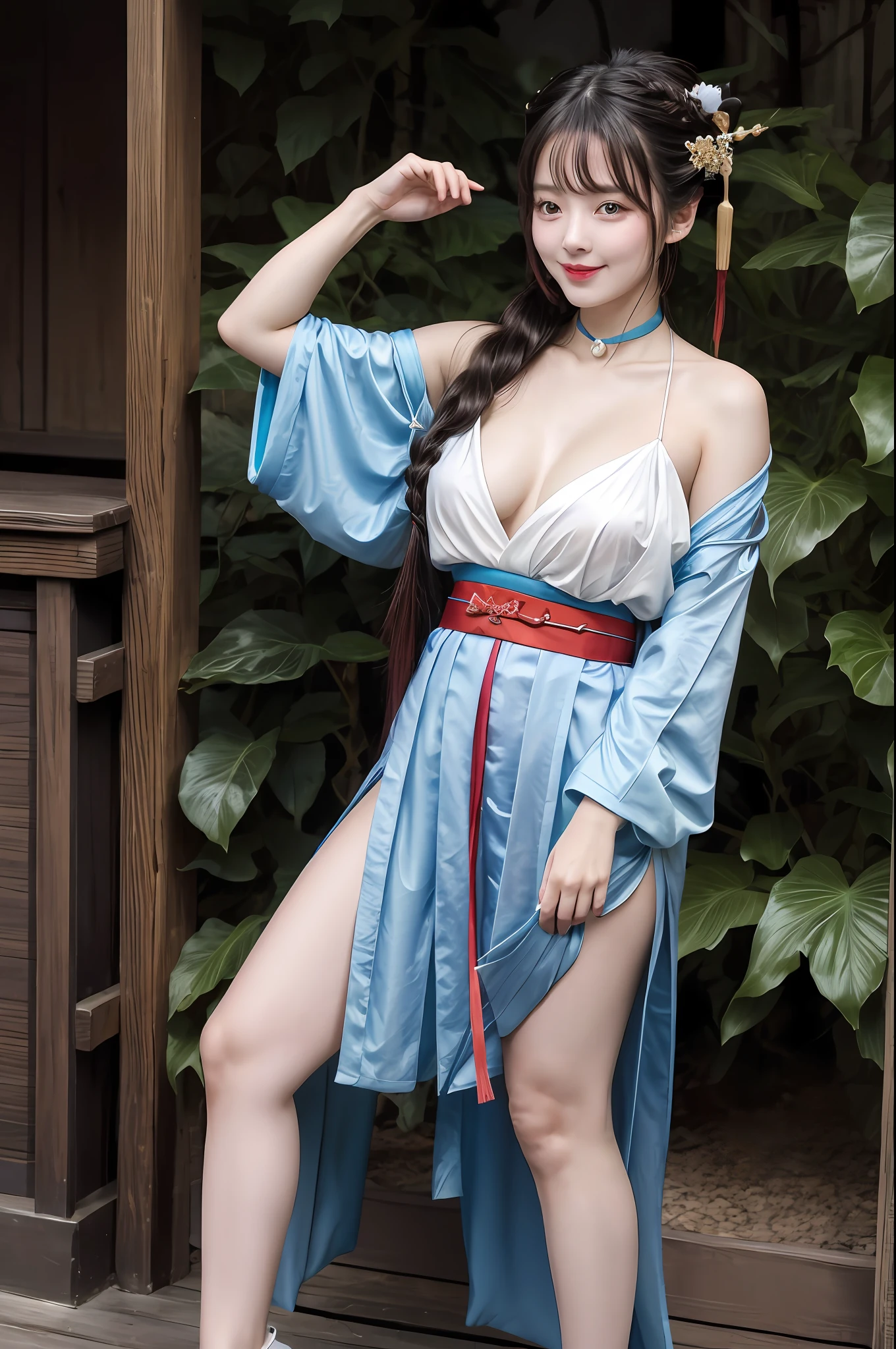 ((wide shot)), (full body), (bend over), photo of young lady, (bare shoulders), [(blue ru_qun:1.4):(hanfu:1.4):0.2],perfect natural breasts(big breasts under wearing),(kpop idol:0.2),pearl skin,real human skin, black choker, red hair ornament,white detailed clothes, (blue obi:1.4), (extremly berutiful detailed face), happy mood, detailed eyes, thick eyebrows, red eyeshadow,shiny eyes, looking at viewer,smile,(smooth chin:0.85), long hair, blunt bangs, braid, golden hair ornament,