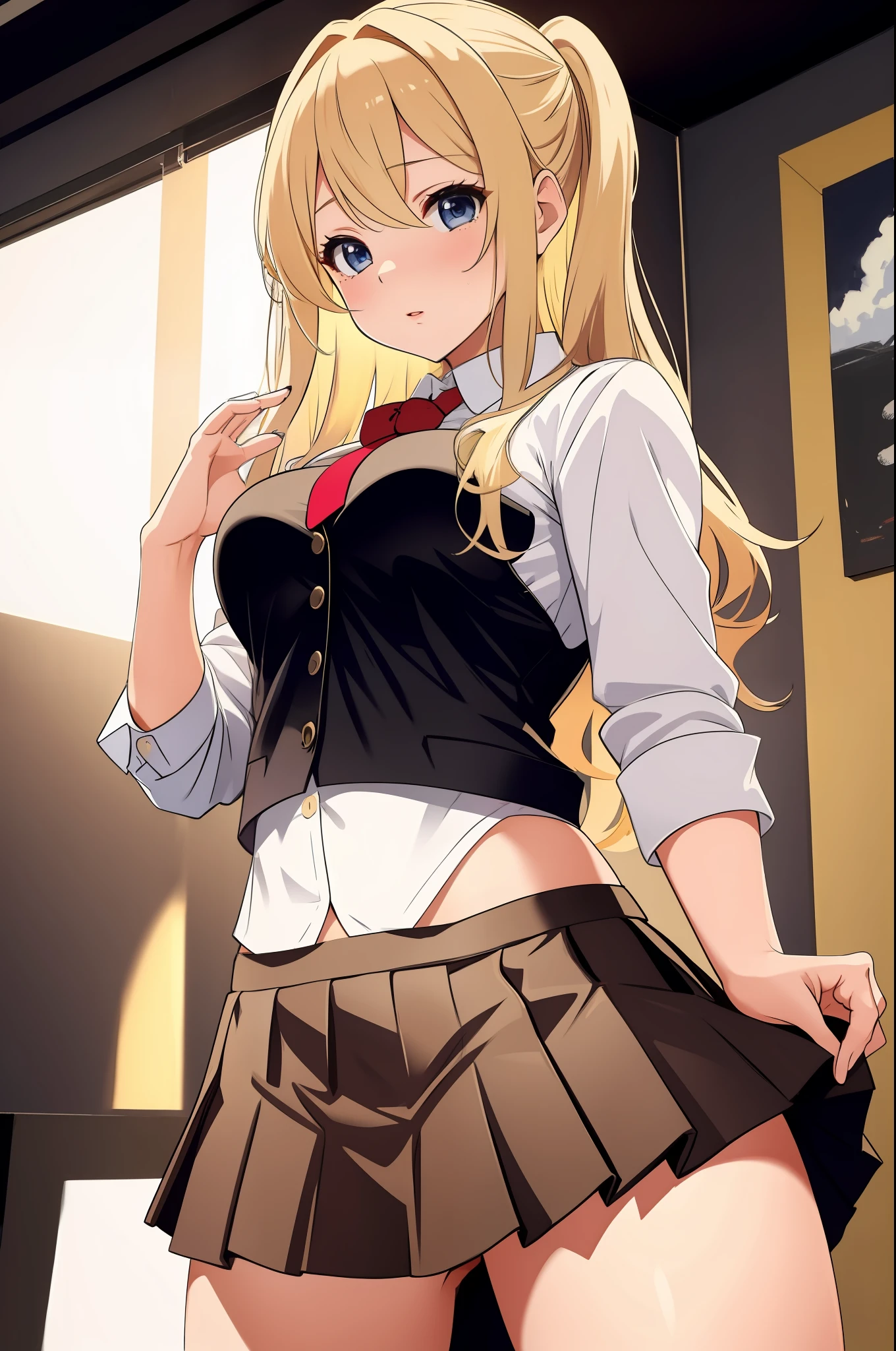 medium breasts, skirt, blonde hair, sexy pose, shy, (masterpiece), (best quality), highres, UHD