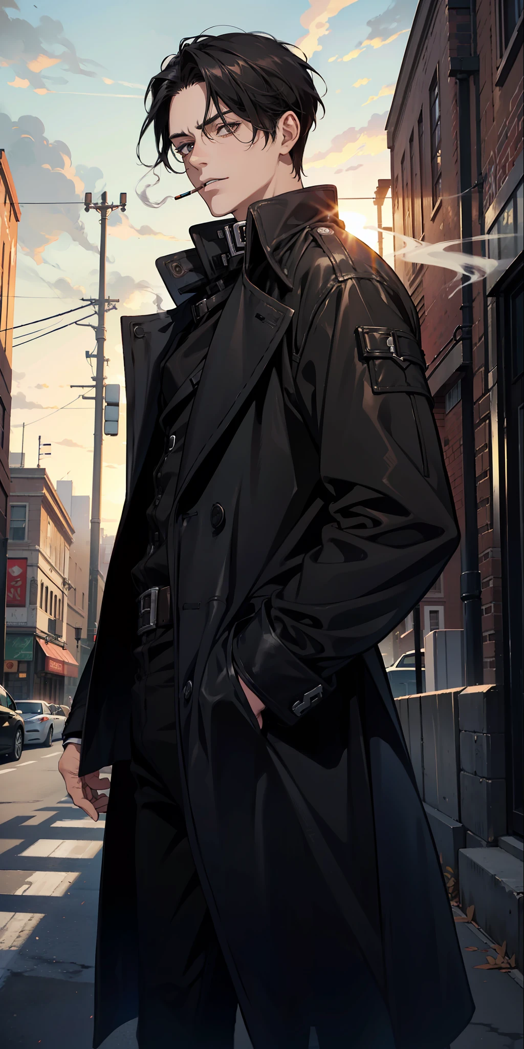 Man in black leather coat, smoking a cigarette, grown man, small scar on face, park night in the background, straight short black hair, happy expression, detailed brown eyes, Levi Ackerman, Levi, Attack on titan